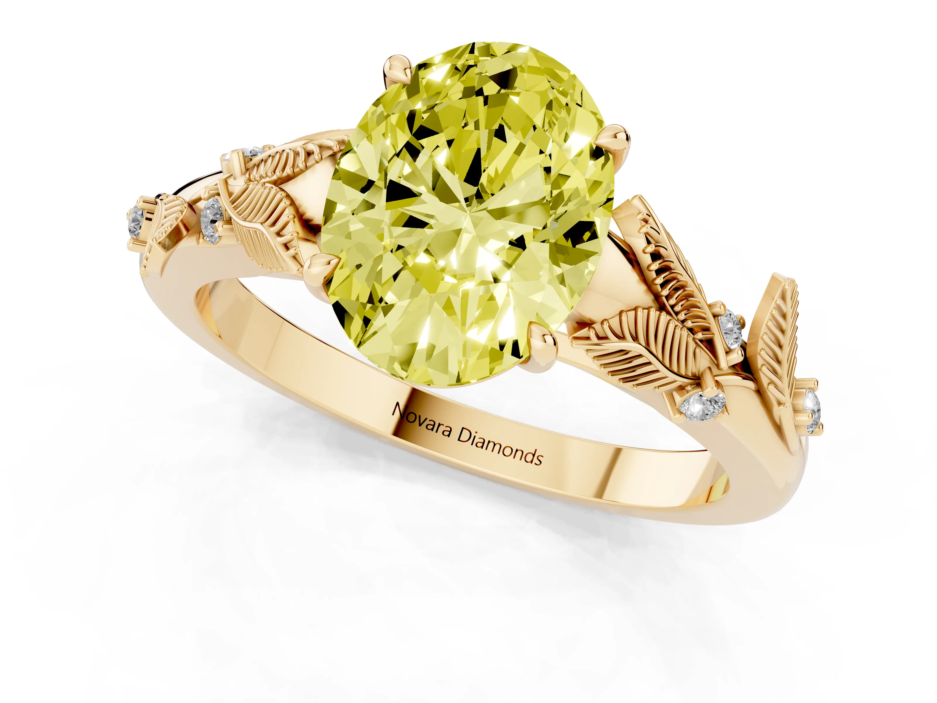 Fancy Yellow Oval Cut Diamond Solitaire Ring Set in Yellow gold with Leaf Motif Band