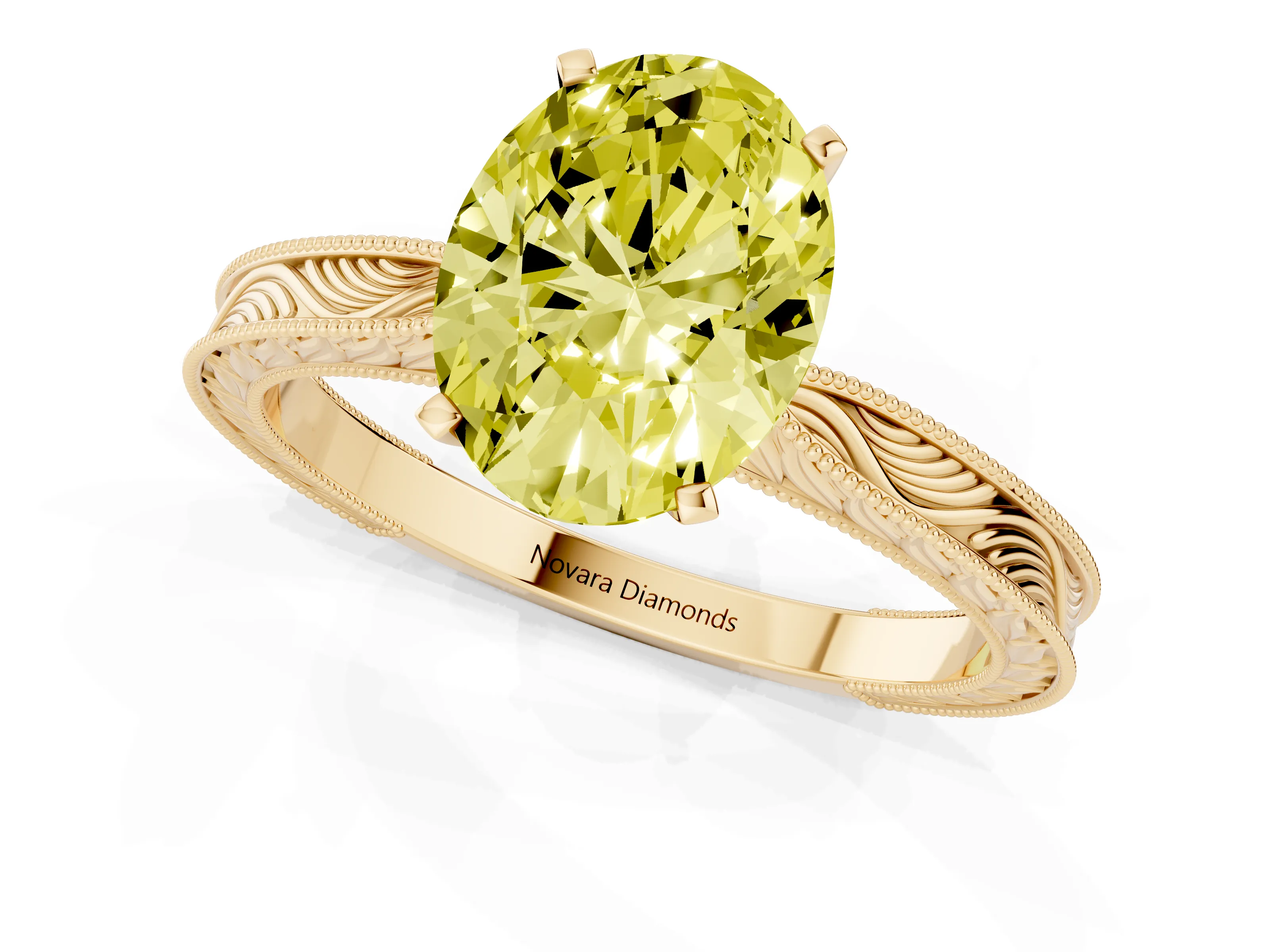 Fancy Yellow Oval Cut Diamond Solitaire Milgrain Engraved Band Set in Yellow gold with Prong Setting
