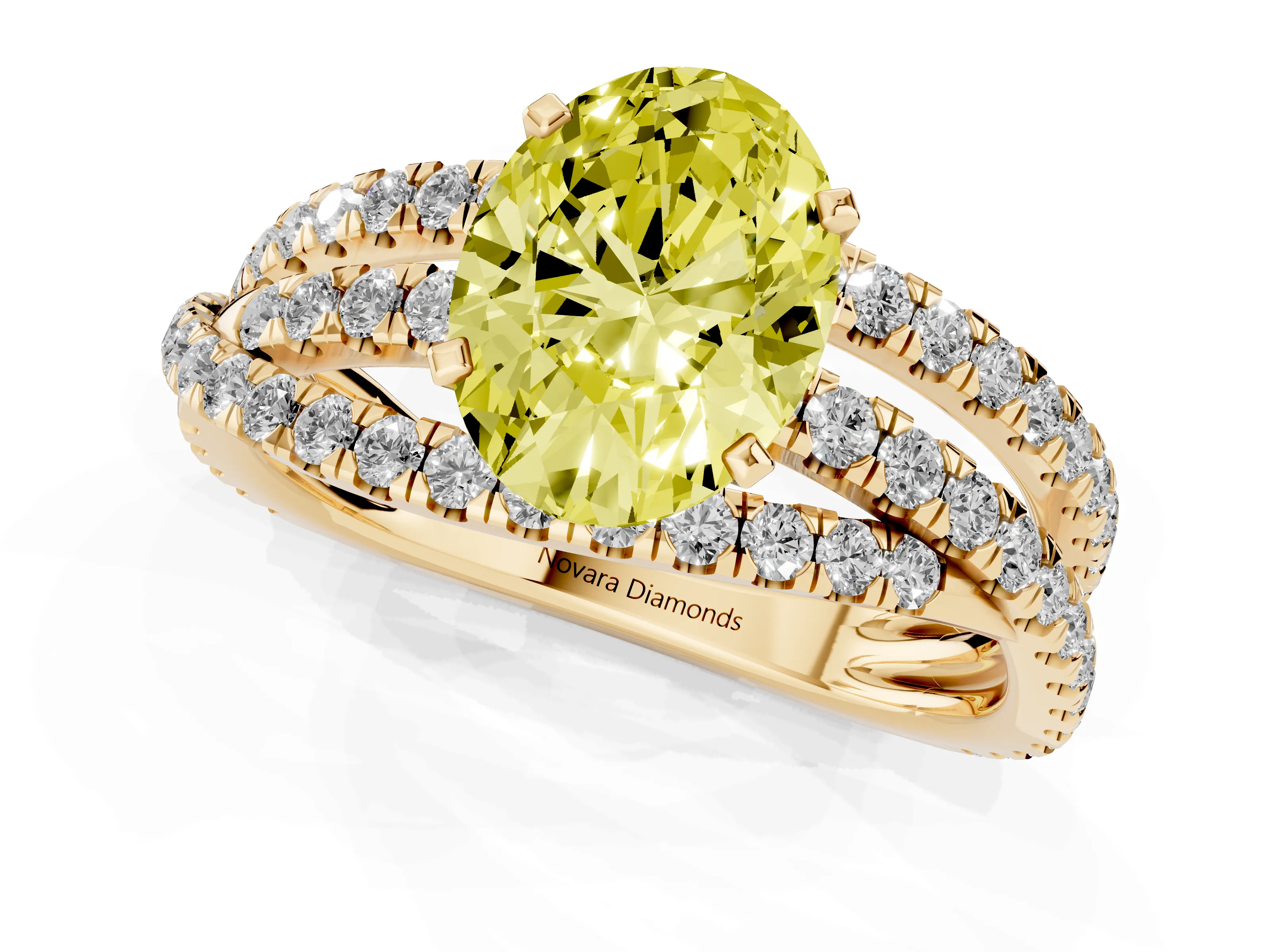 Fancy Yellow Oval Cut Diamond Solitaire Twist Band Ring Set in Yellow gold with Pavé Setting and Prong Head