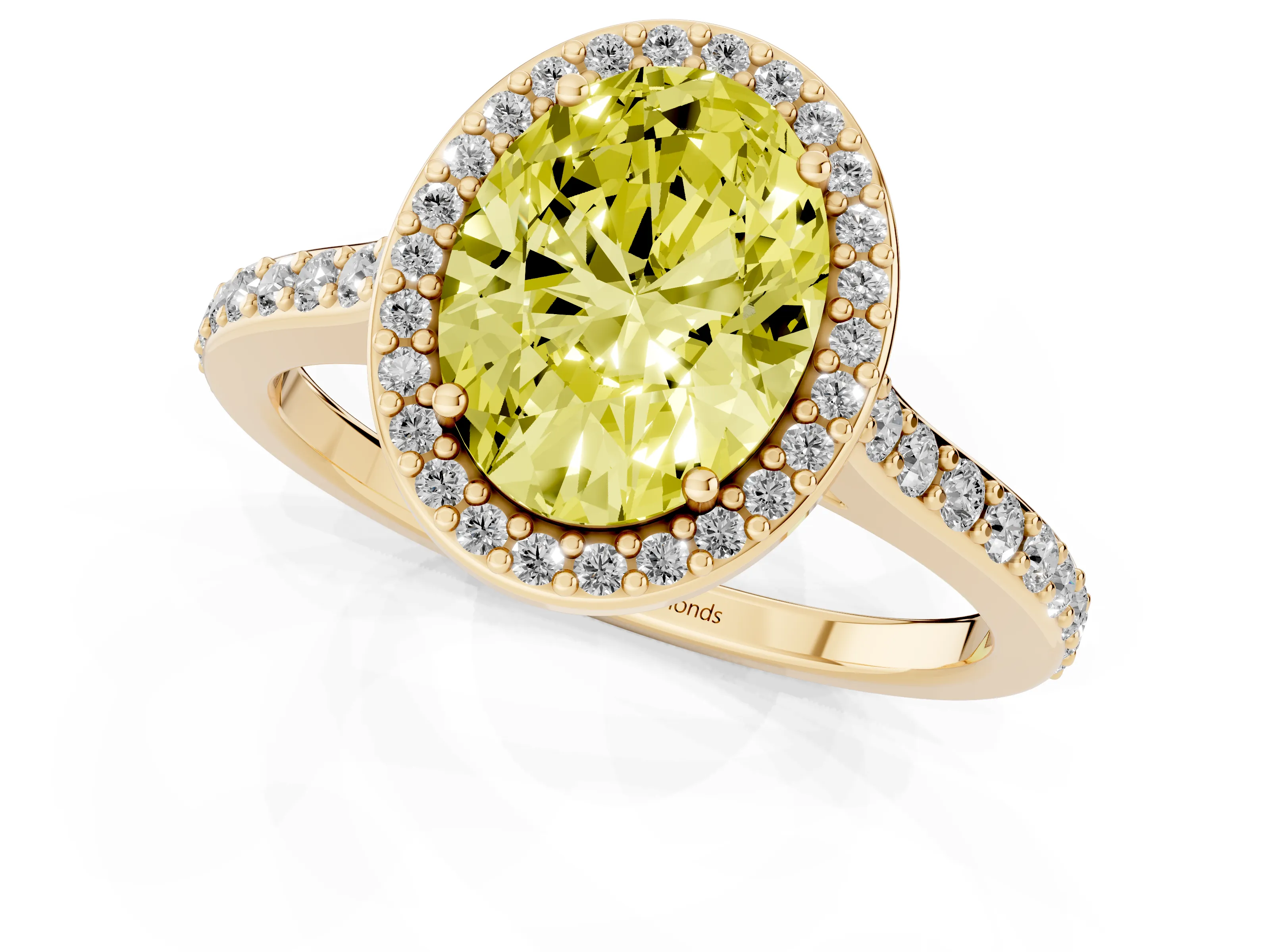 Fancy Yellow Oval Cut Diamond Halo Engagement Ring Set in Yellow gold with Round Pavé Shoulders and Heart Gallery