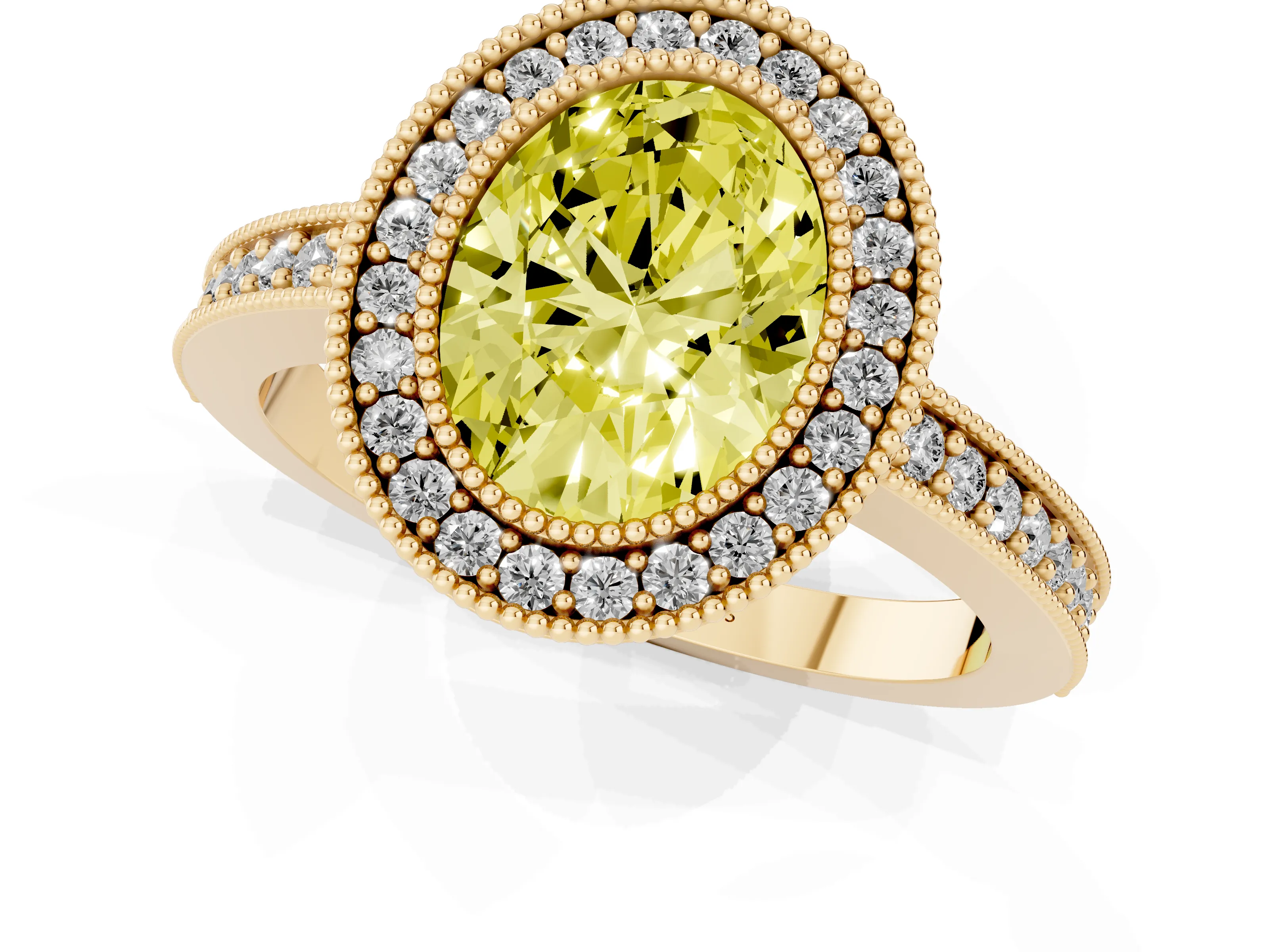 Fancy Yellow Oval Cut Diamond Halo Engagement Ring Set in Yellow gold with Pavé Band and Round Halo Stones