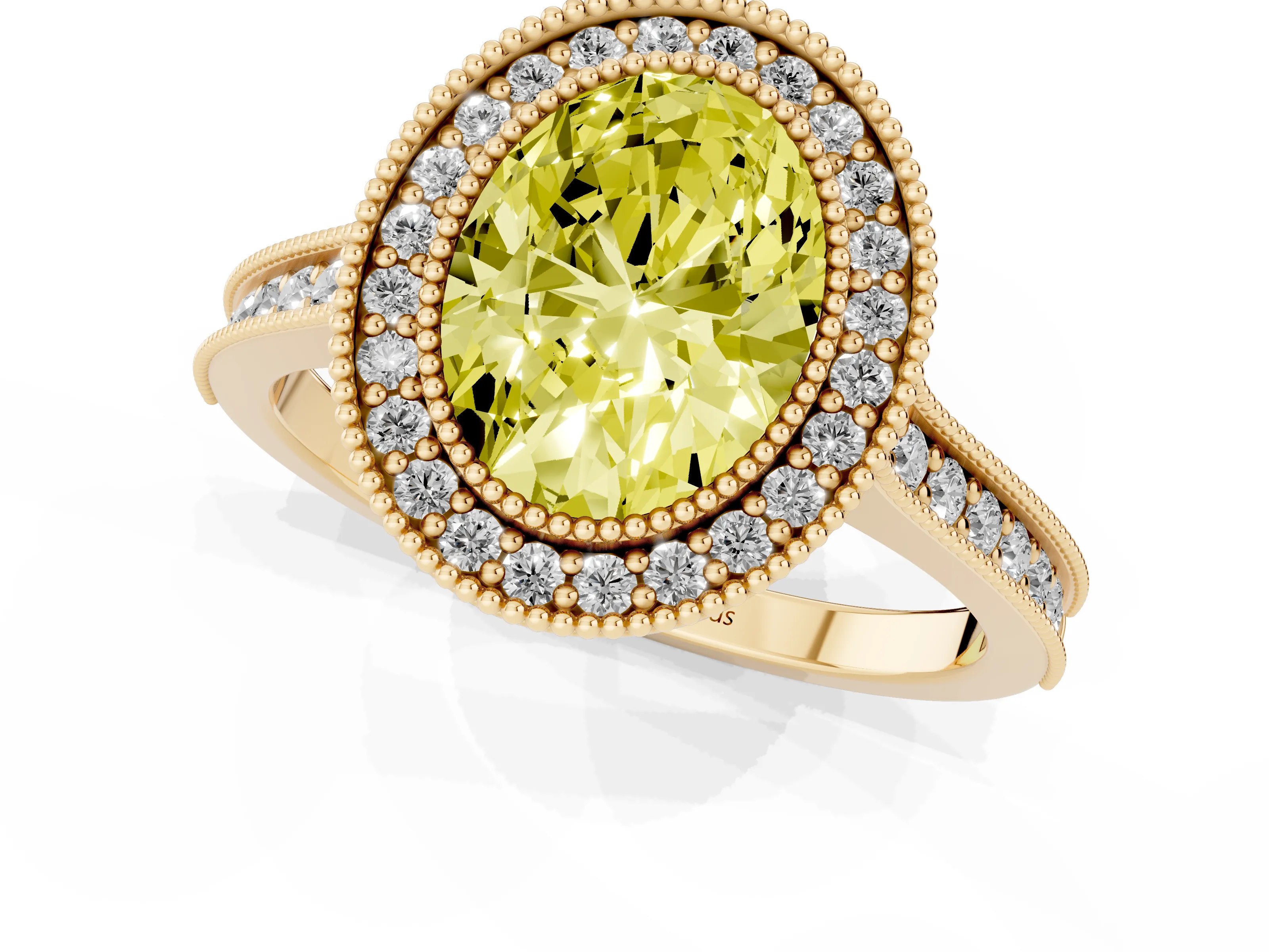 Fancy Yellow Oval Cut Diamond Halo Milgrain Pavé Band Ring Set in Yellow gold with Prong Setting