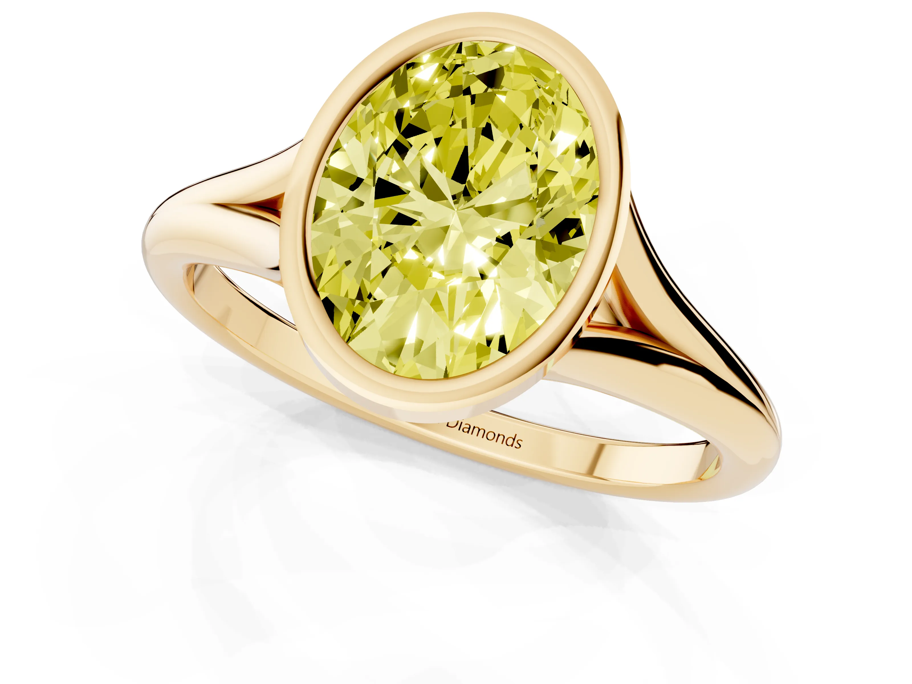 Fancy Yellow Bezel Set Oval Cut Diamond Solitaire Ring Set in Yellow gold with Tapered Band
