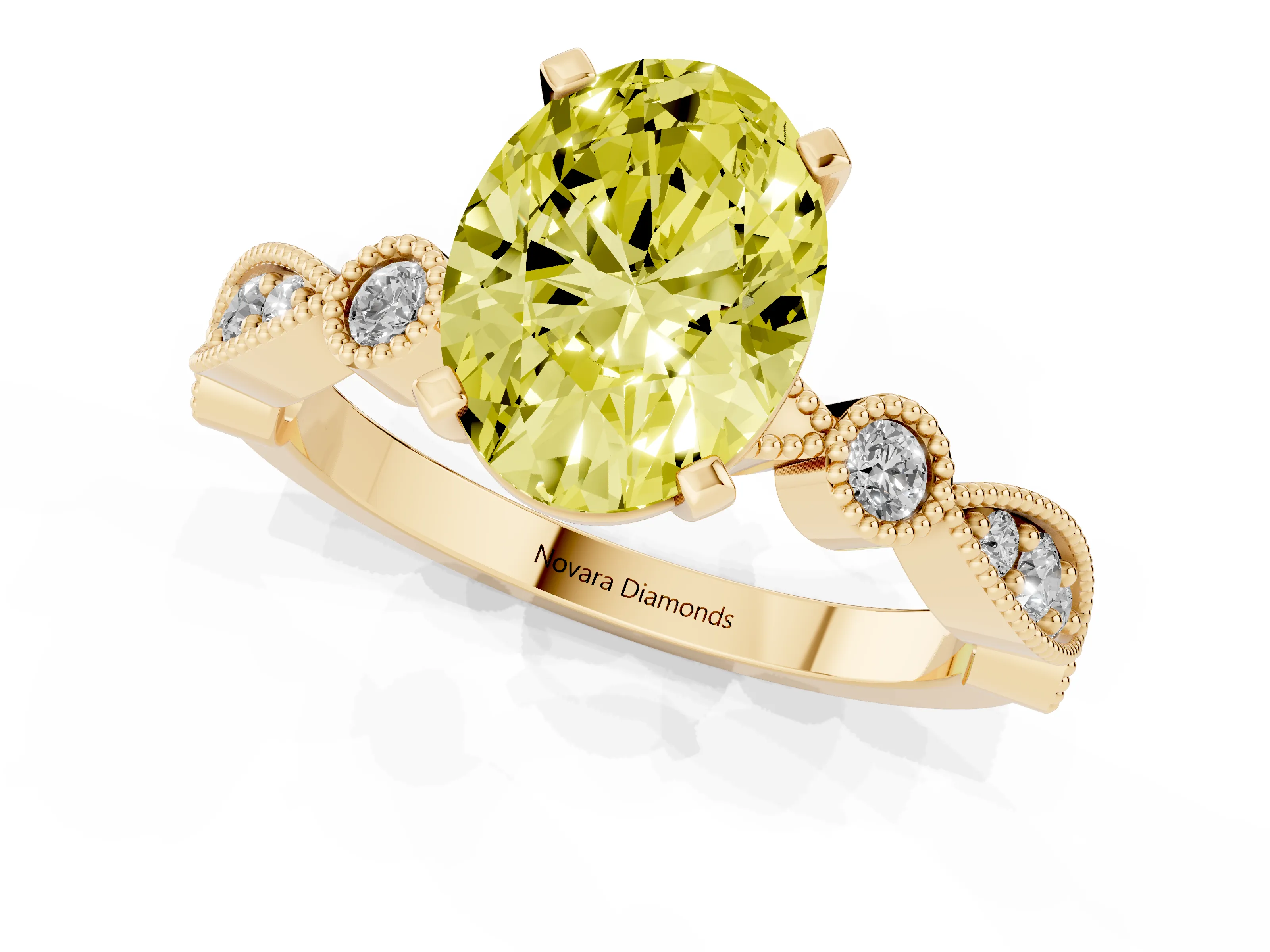 Fancy Yellow Oval Cut Diamond Solitaire Engagement Ring Set in Yellow gold with Milgrain Bezel Accent Band