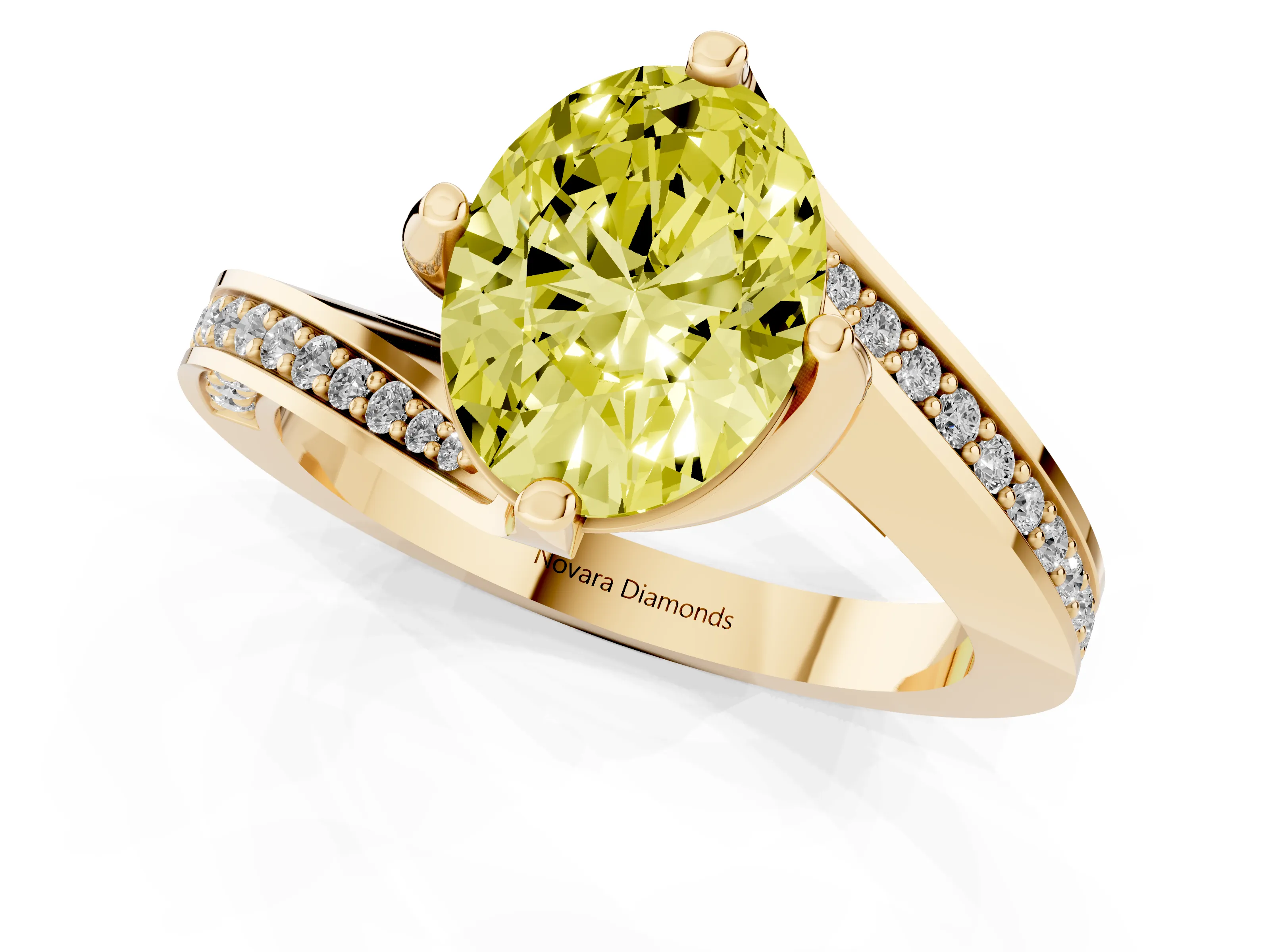 Fancy Yellow Oval Cut Diamond Solitaire Ring Set in Yellow gold with Intertwined Pavé Twist Band