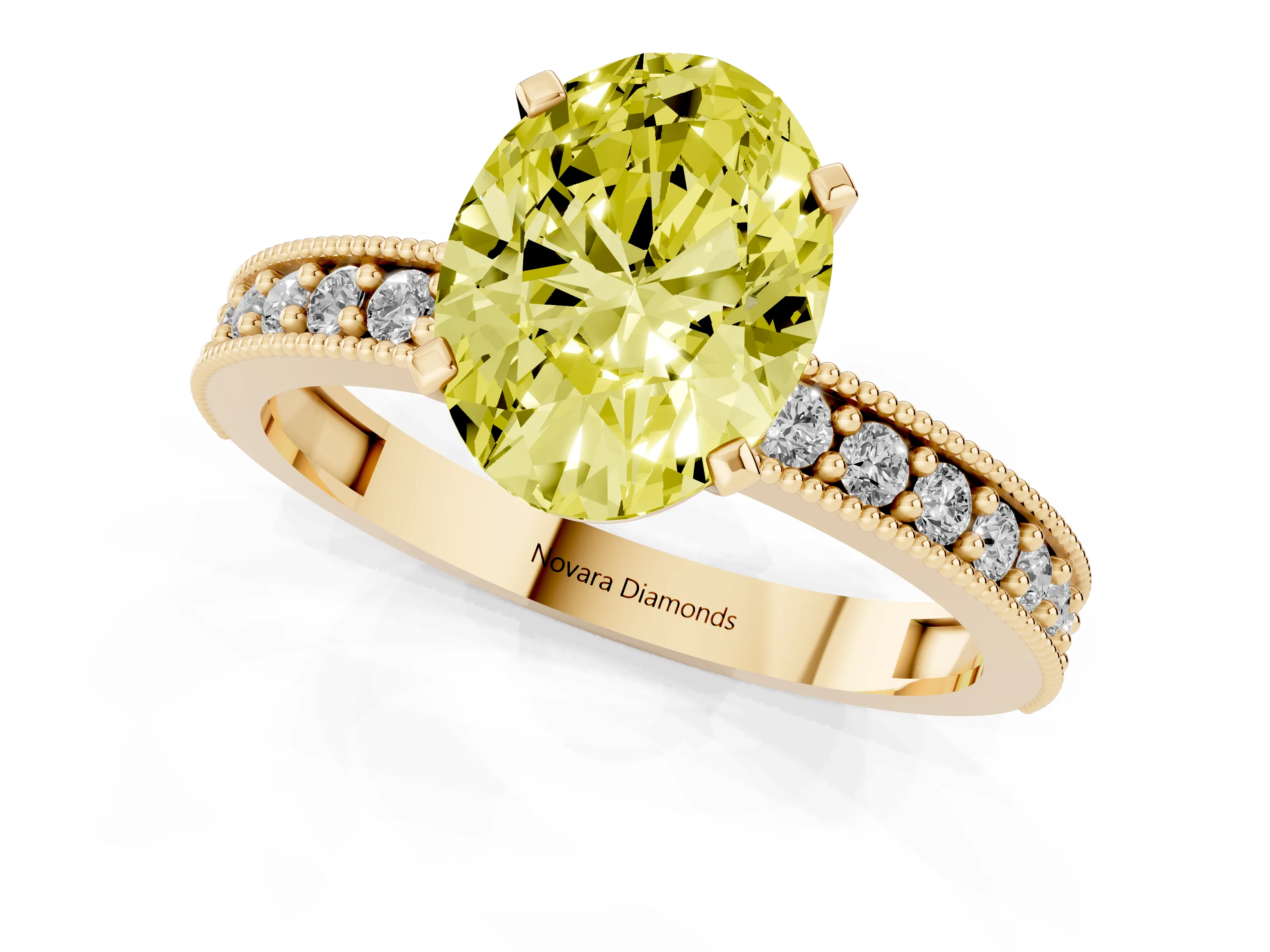 Fancy Yellow Oval Cut Diamond Milgrain Pavé Engagement Ring Set in Yellow gold with Prong Setting