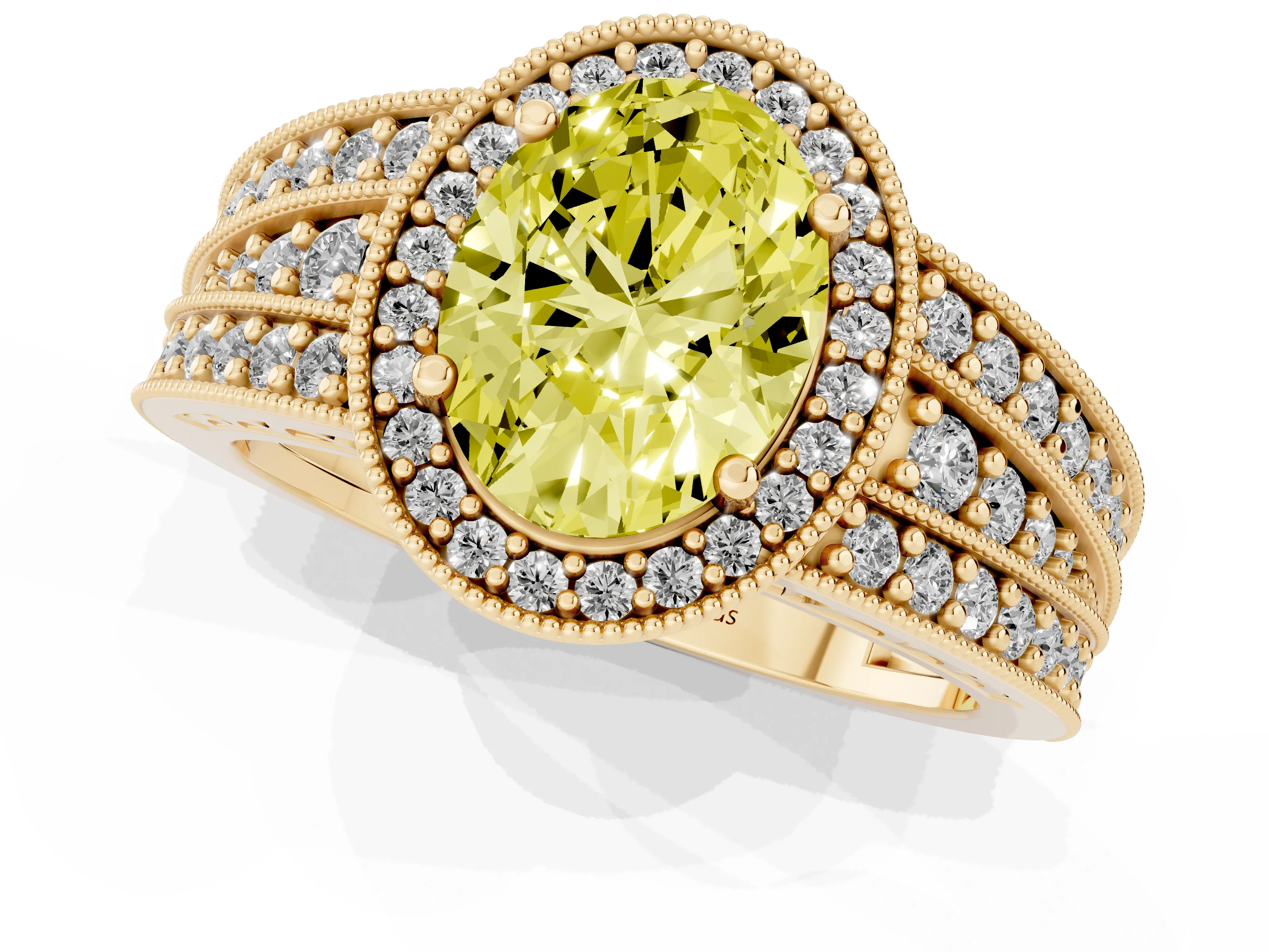 Fancy Yellow Oval Cut Diamond Halo Ring Set in Yellow gold with Accent Split Shank and Prong Setting