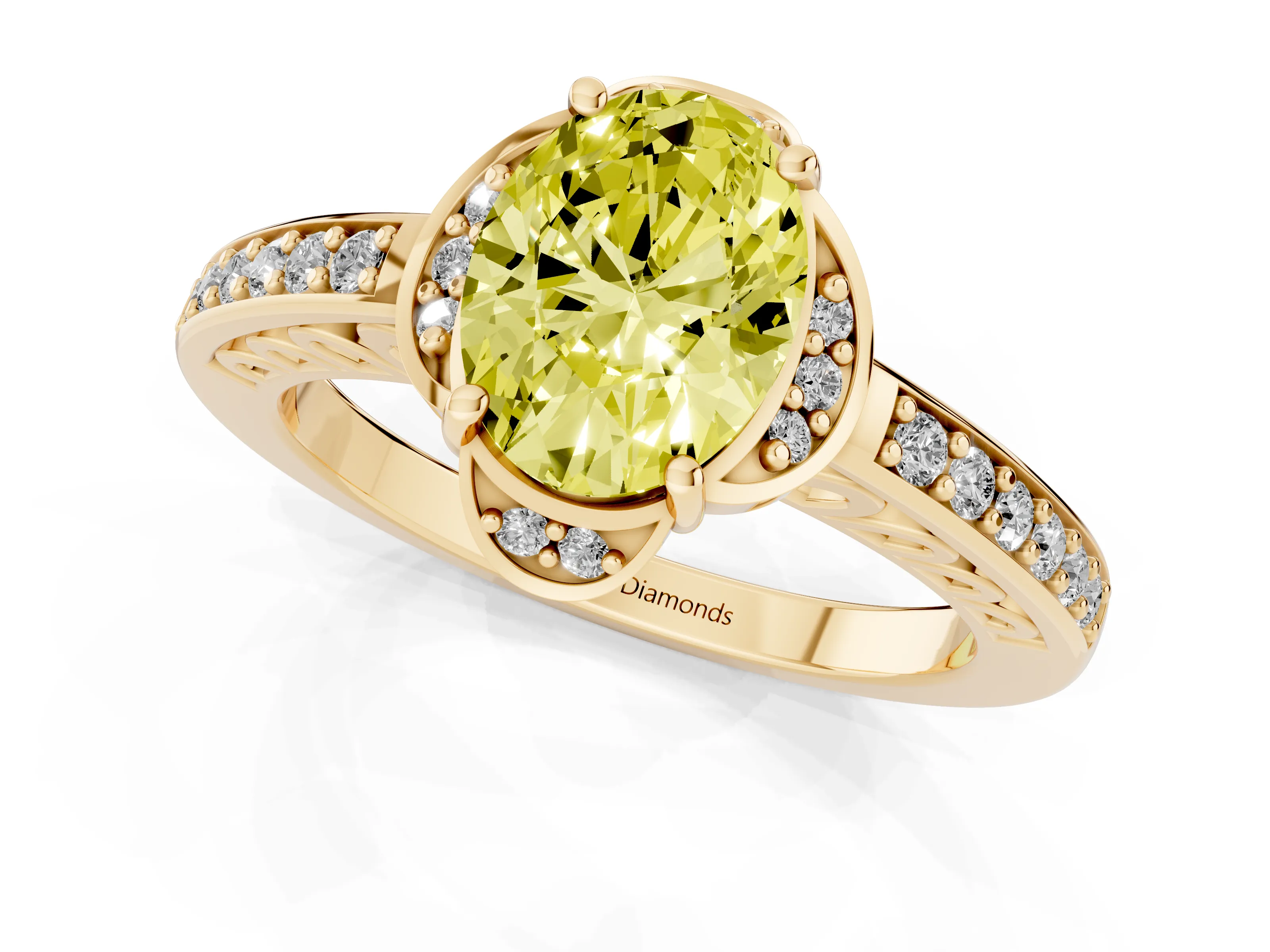 Fancy Yellow Oval Cut Diamond Halo Ring Set in Yellow gold with Channel Set Band and Prong Setting