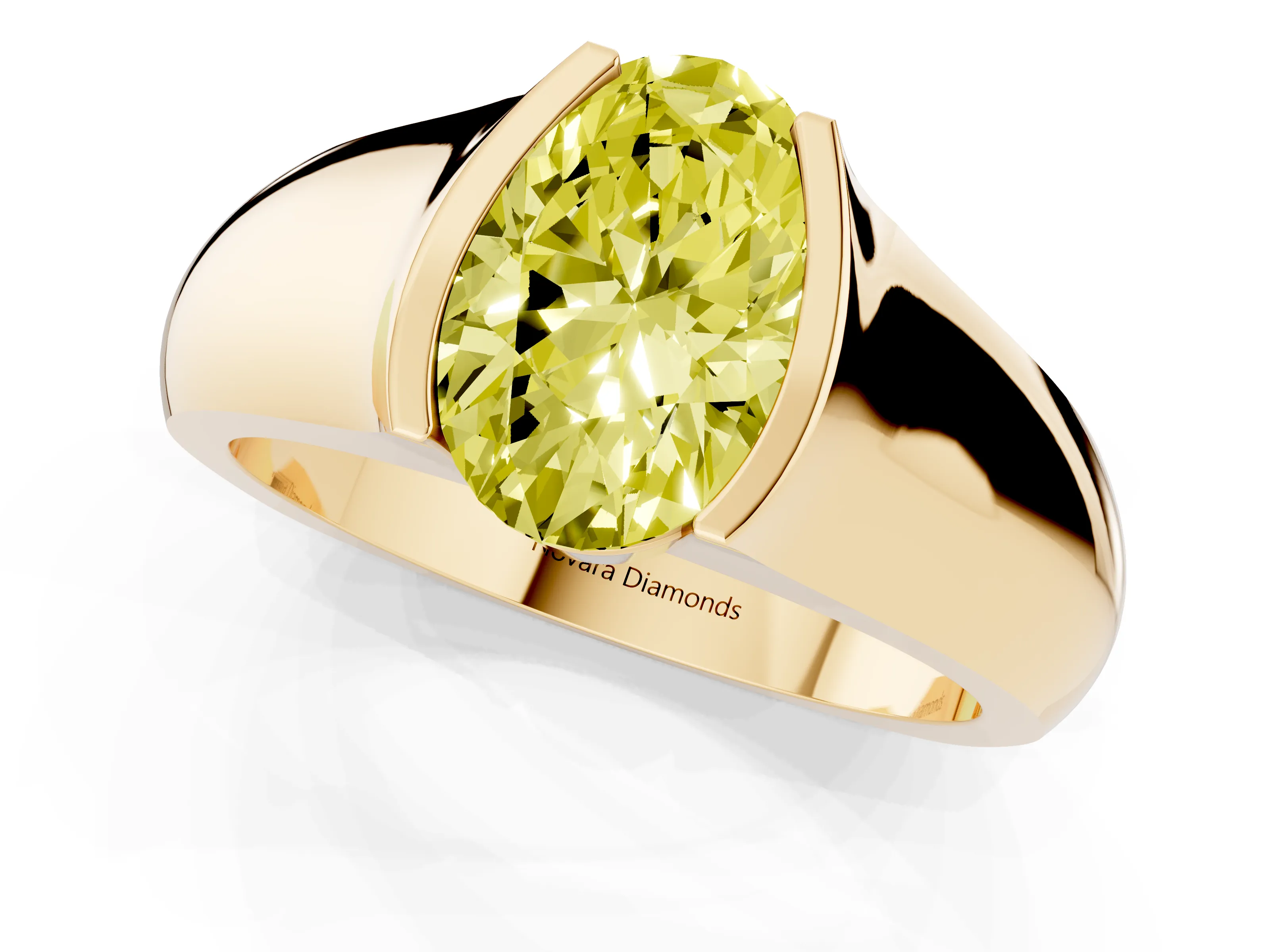 Fancy Yellow Oval Cut Diamond Bezel Solitaire Ring Set in Yellow gold with Wide Band