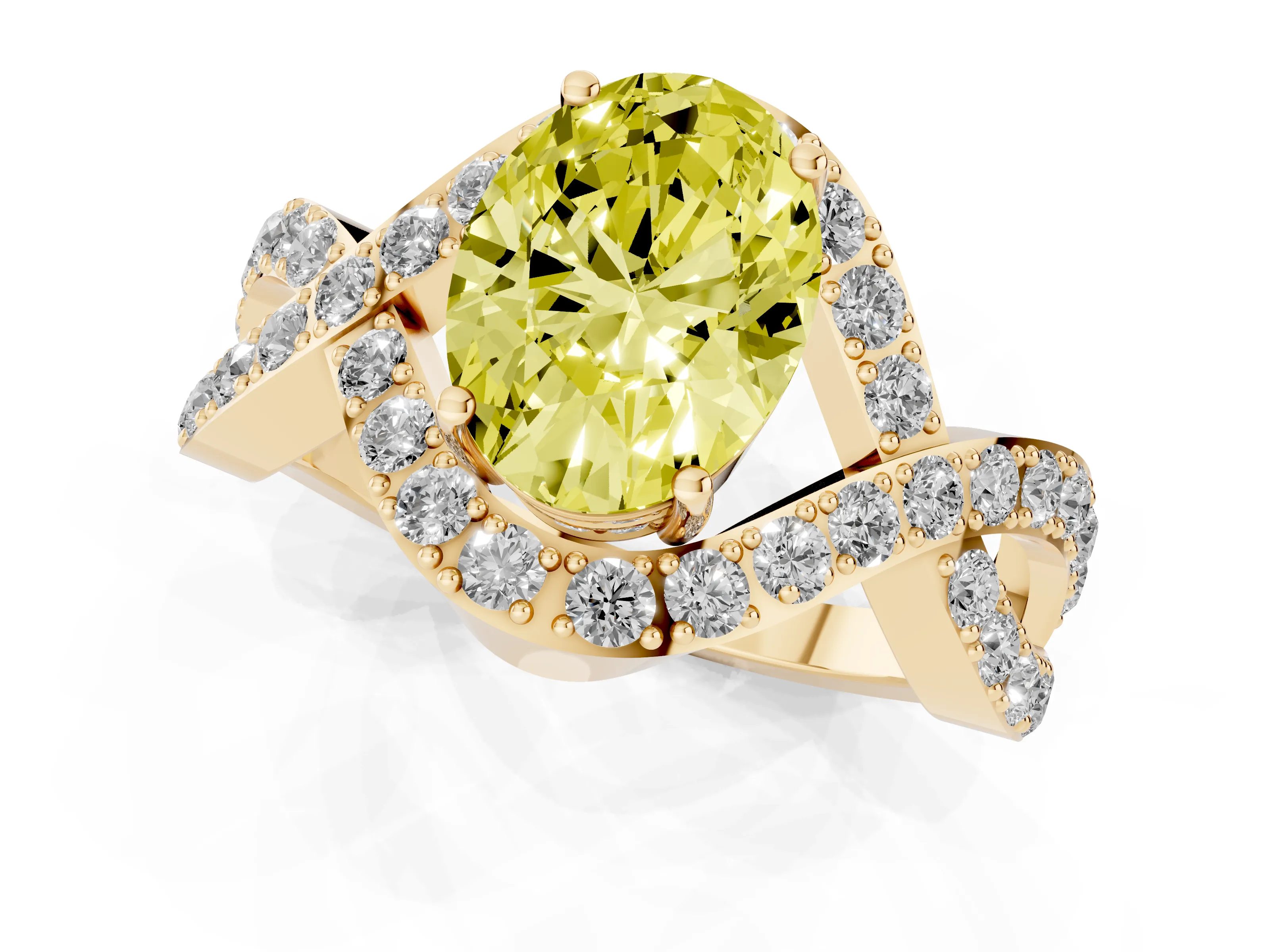 Fancy Yellow Oval Cut Diamond Solitaire Twist Band Pavé Engagement Ring Set in Yellow gold