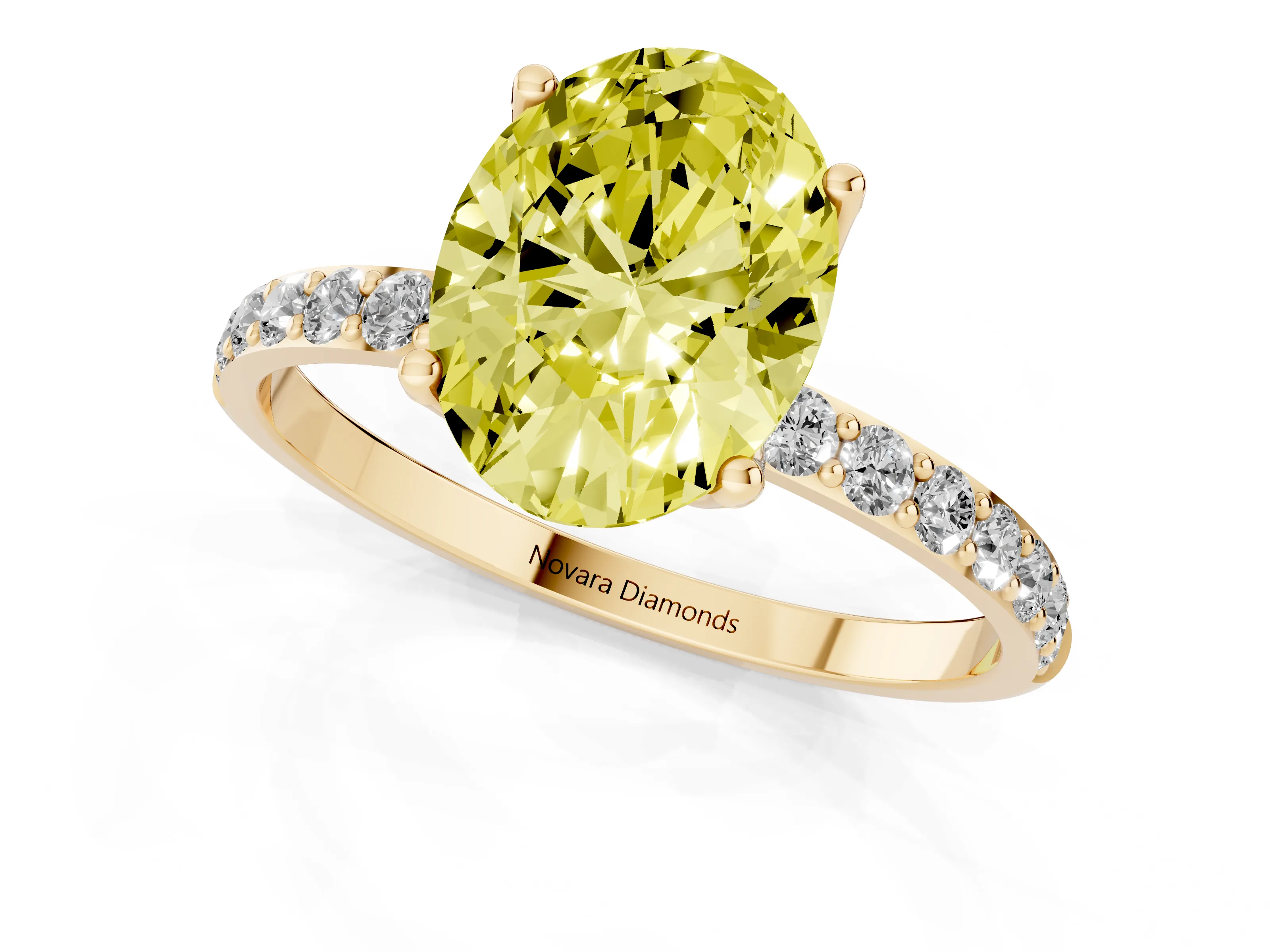 Fancy Yellow Oval Cut Diamond Solitaire Engagement Ring Set in Yellow gold with Round Pavé Band and Prong Setting