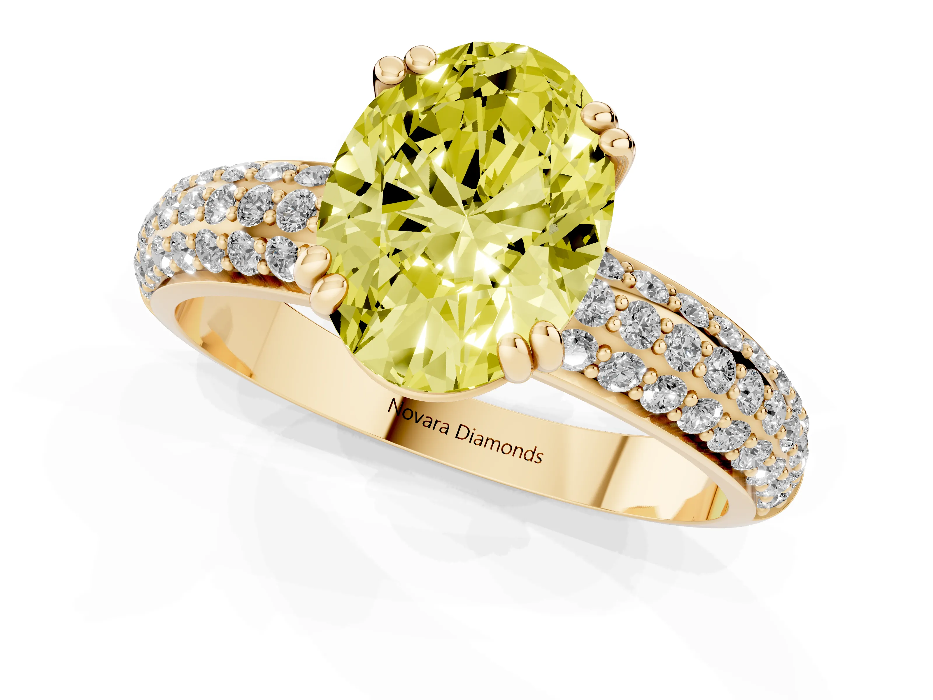 Fancy Yellow Oval Cut Diamond Solitaire Ring Set in Yellow gold with Multi-Row Round Pavé Band and Prong Setting