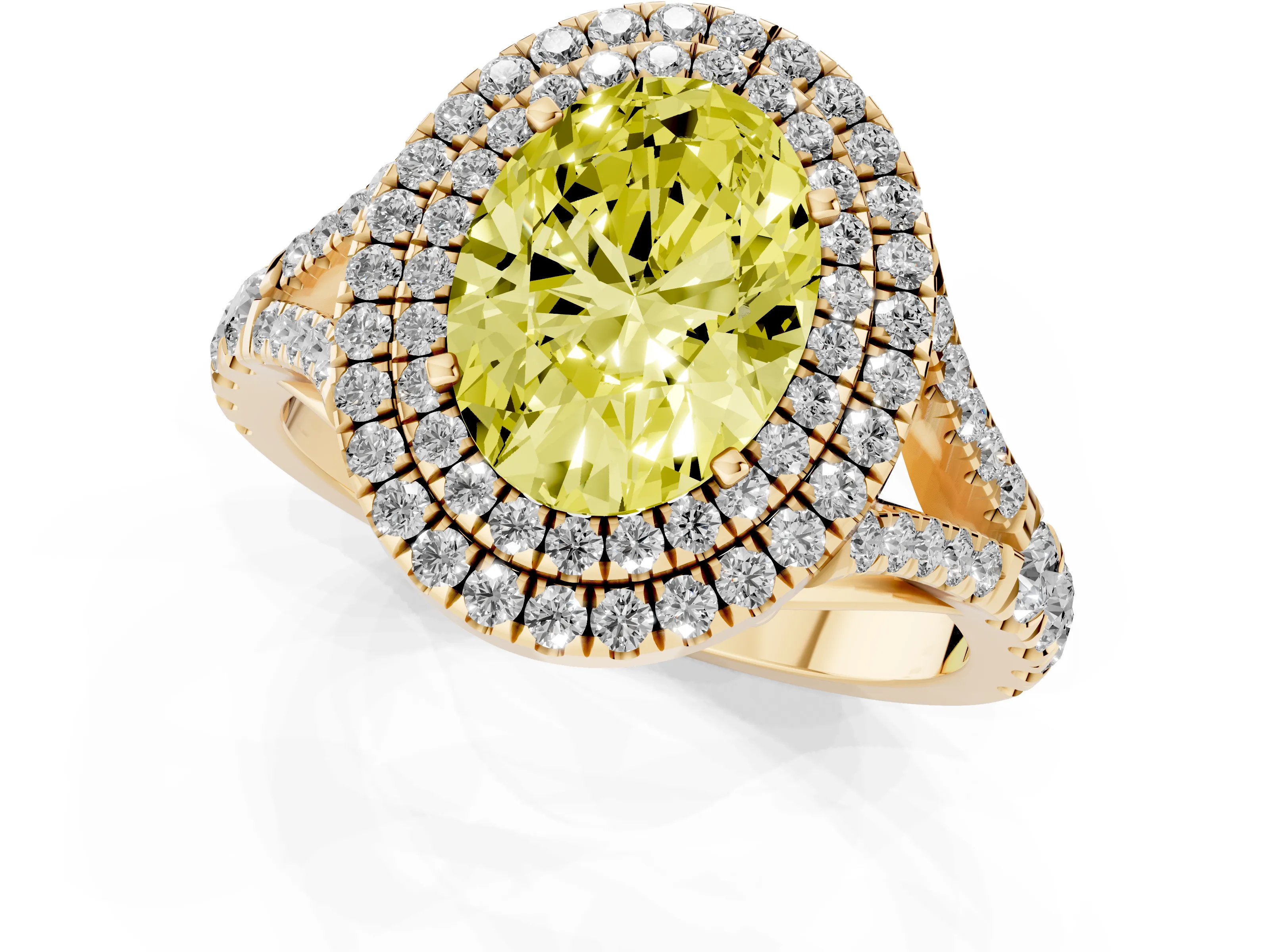 Fancy Yellow Oval Cut Diamond Pavé Split Shank Double Halo Engagement Ring Set in Yellow gold