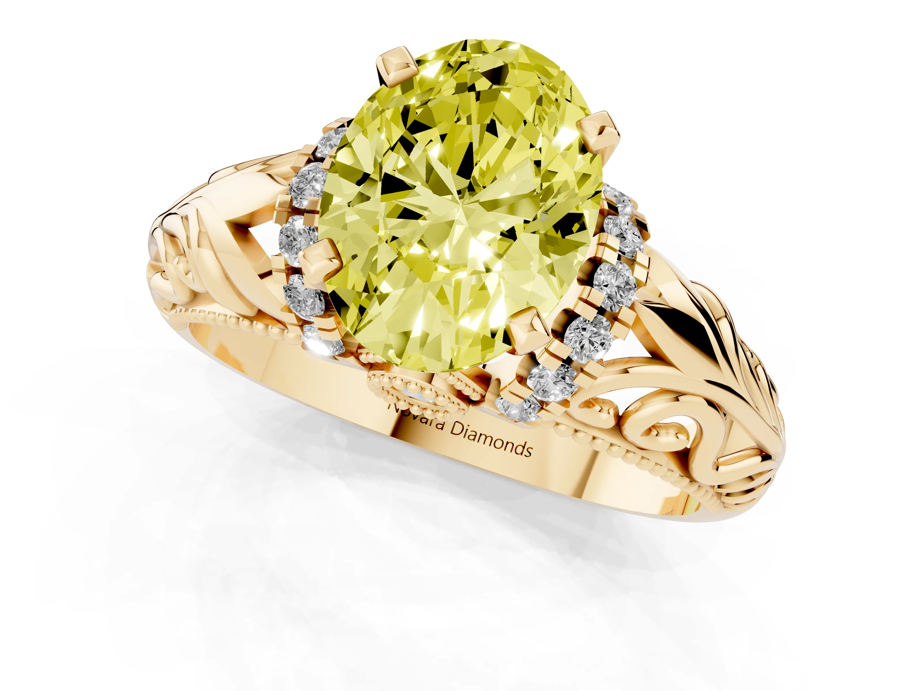 Fancy Yellow Oval Cut Diamond Filigree Halo Engagement Ring Set in Yellow gold with Prong Setting