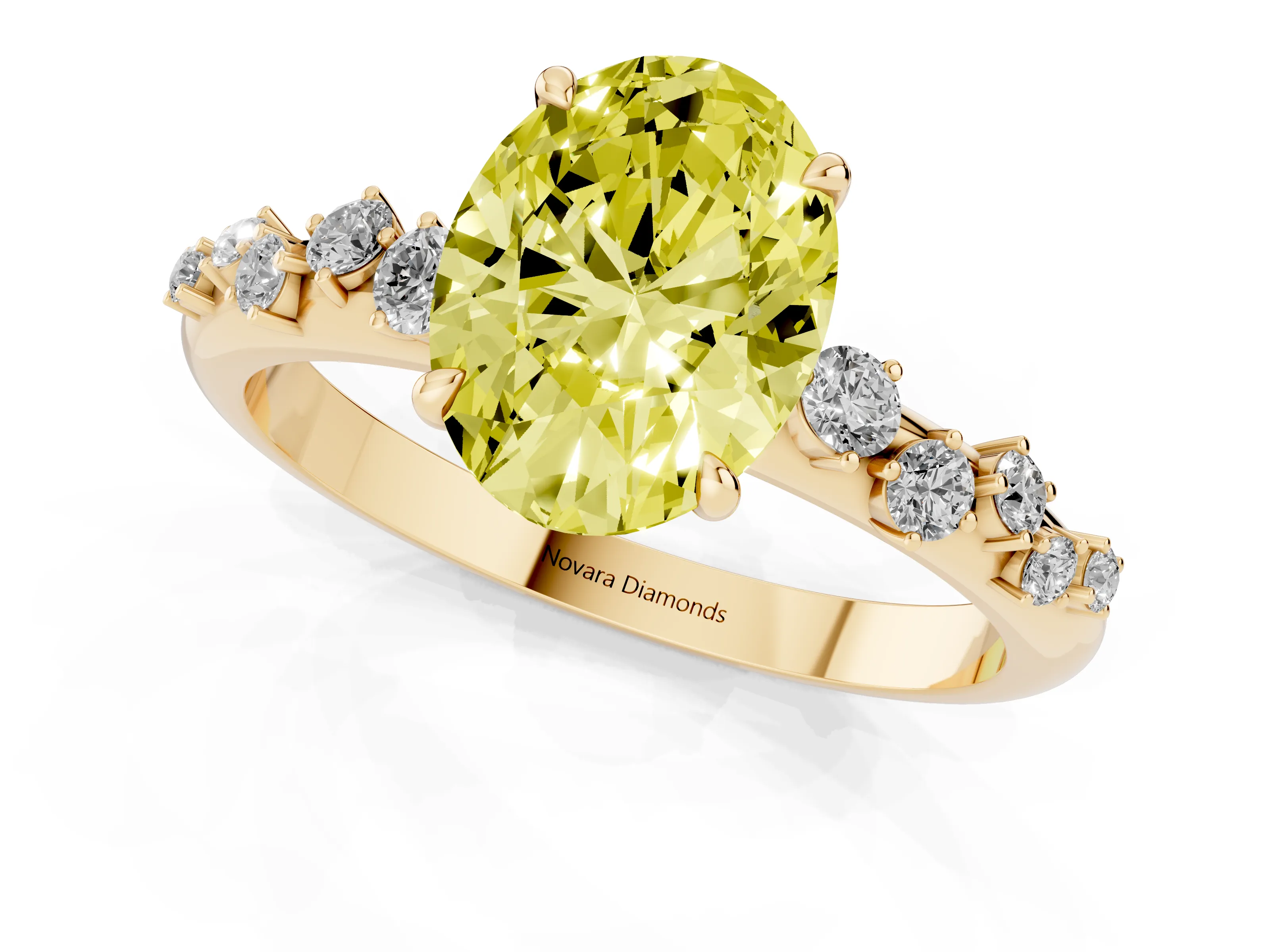 Fancy Yellow Oval Cut Diamond Cluster Solitaire Ring Set in Yellow gold with Prong Setting