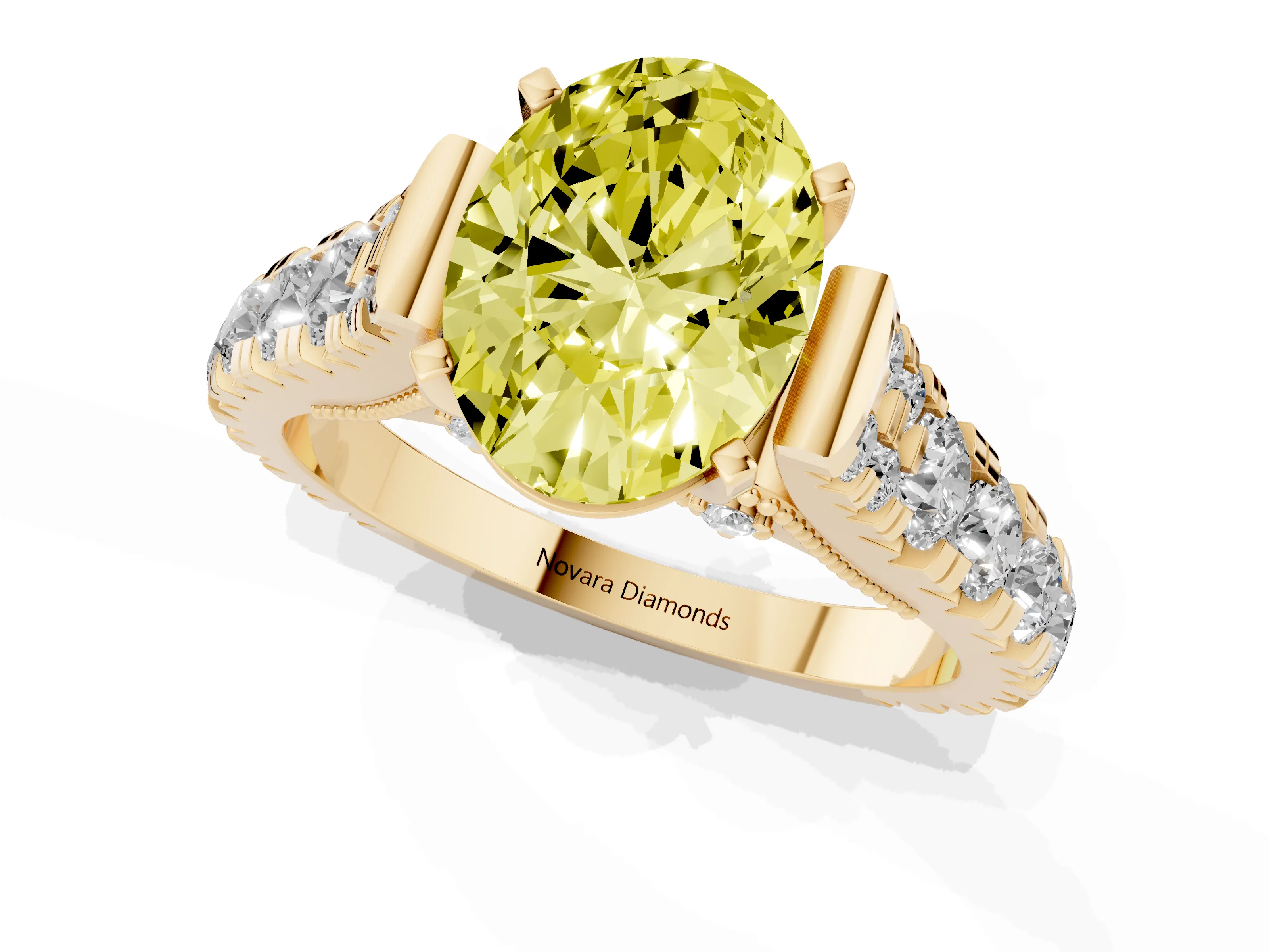 Fancy Yellow Oval Cut Diamond Classic Solitaire Ring Set in Yellow gold with Pavé Band and Prong Setting