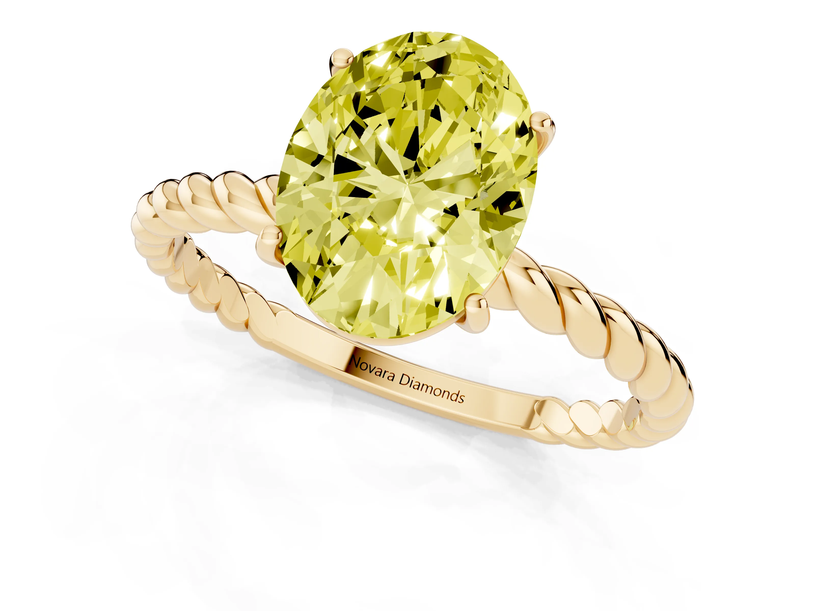 Fancy Yellow Oval Cut Diamond Solitaire Twisted Band Ring Set in Yellow gold with Prong Solitaire Setting