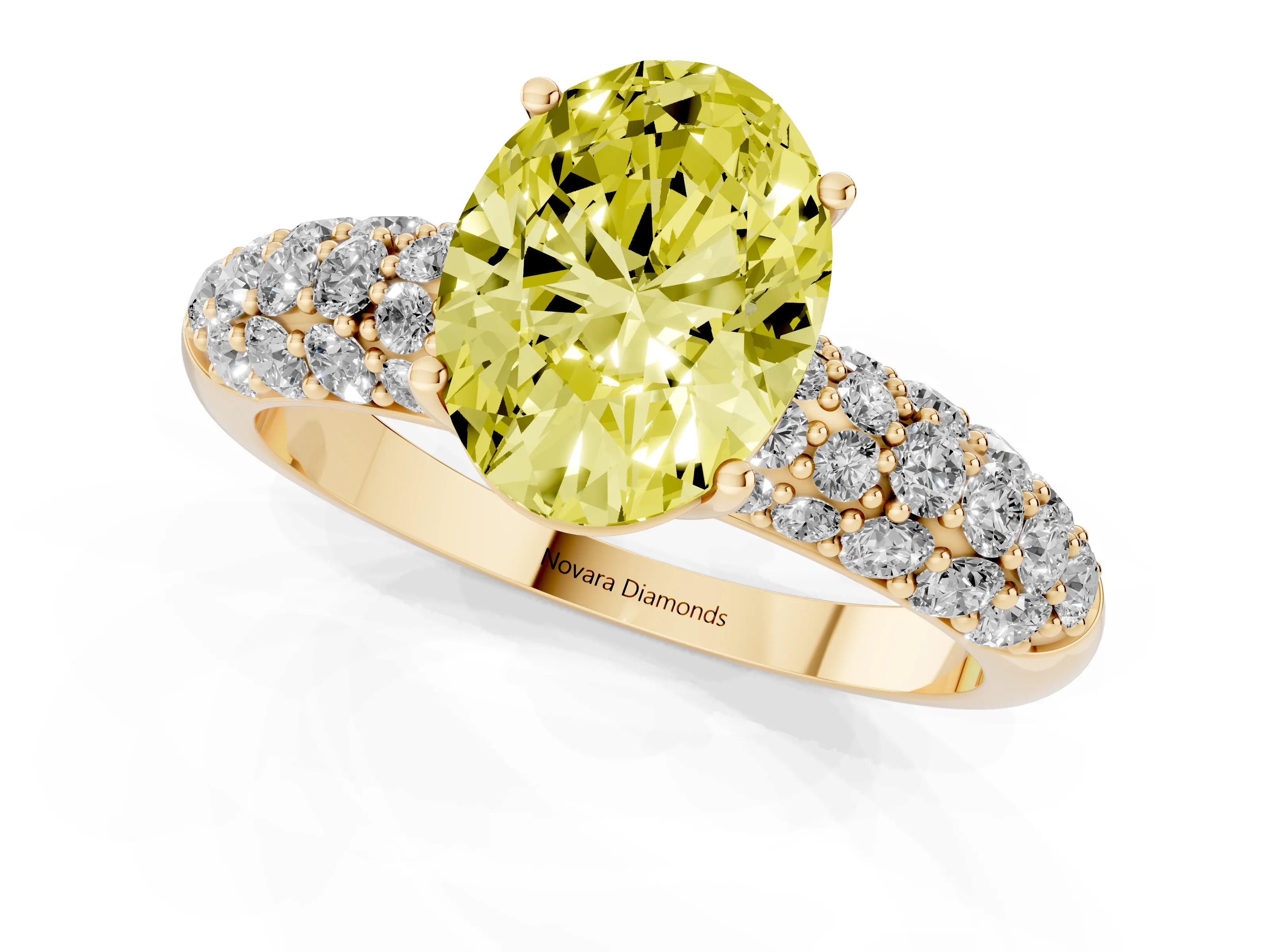 Fancy Yellow Oval Cut Diamond Pavé Band Solitaire Ring Set in Yellow gold with Close-Set Accent Stones and Prong Setting