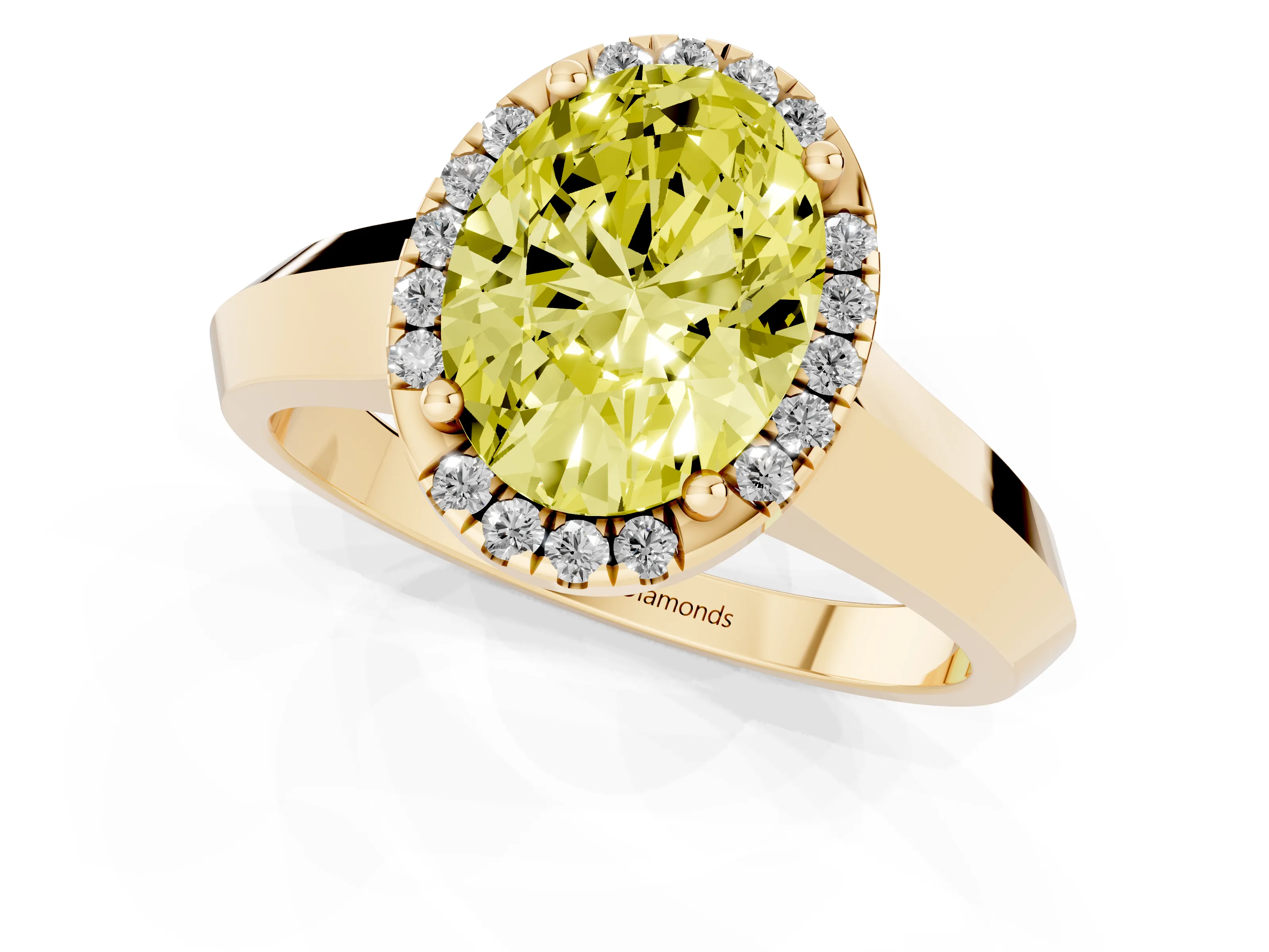 Fancy Yellow Oval Cut Diamond Halo Ring Set in Yellow gold with Cathedral Band and Prong Setting