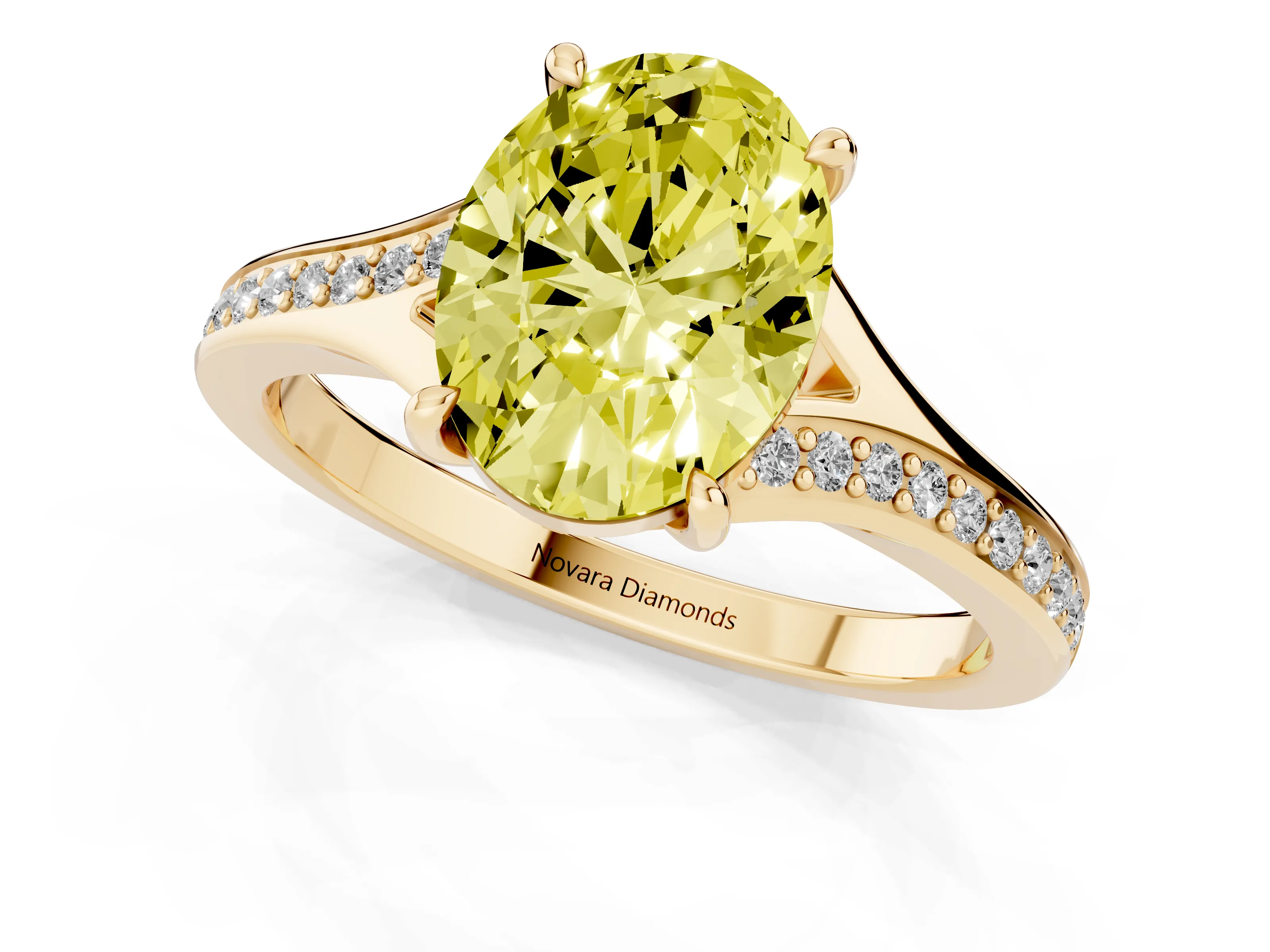 Fancy Yellow Oval Cut Diamond Solitaire Ring Set in Yellow gold with Pavé Accent Band and Classic Prong Setting