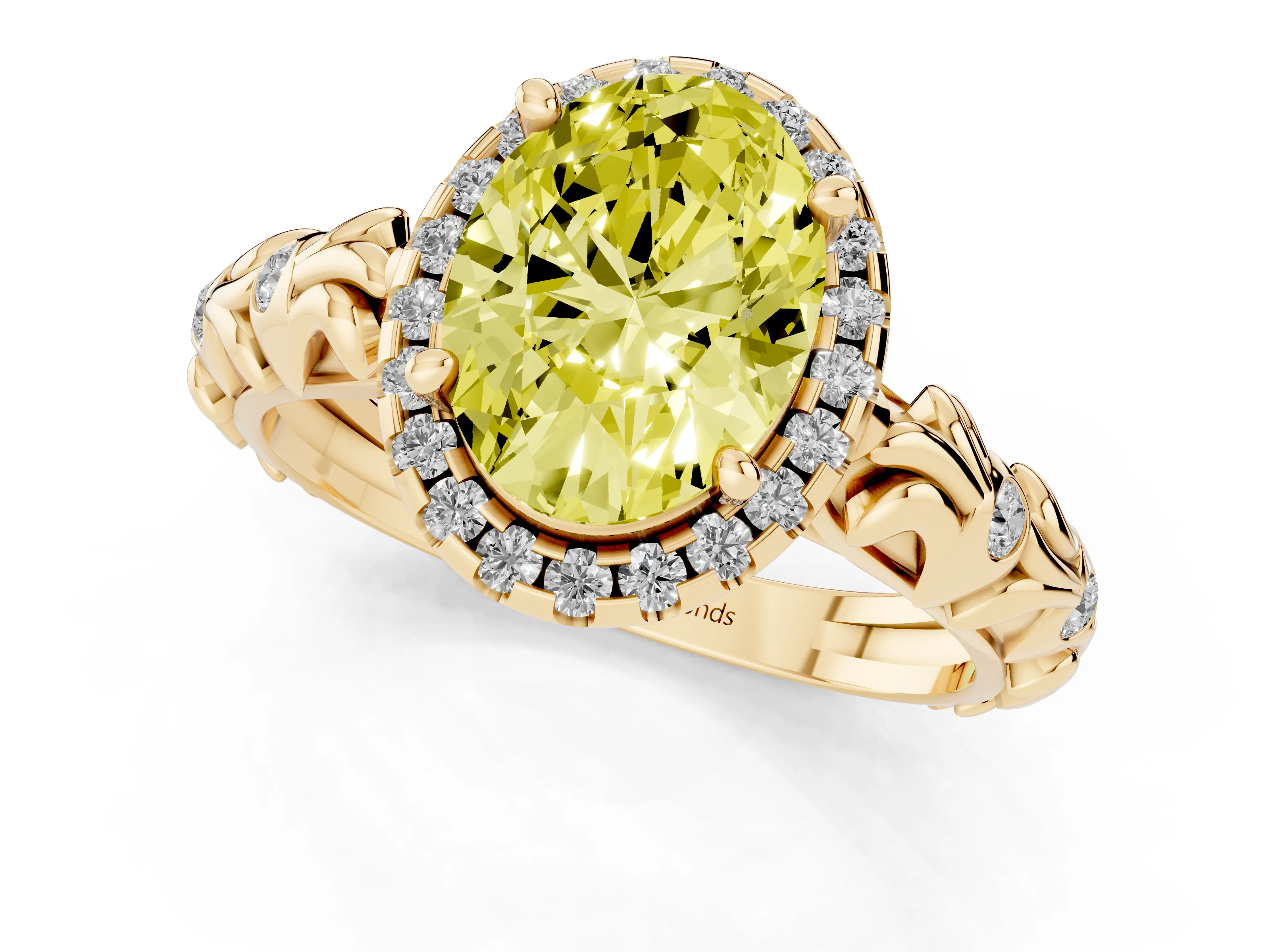 Fancy Yellow Oval Cut Diamond Halo Ring Set in Yellow gold with Filigree Leaf Band and Prong Setting