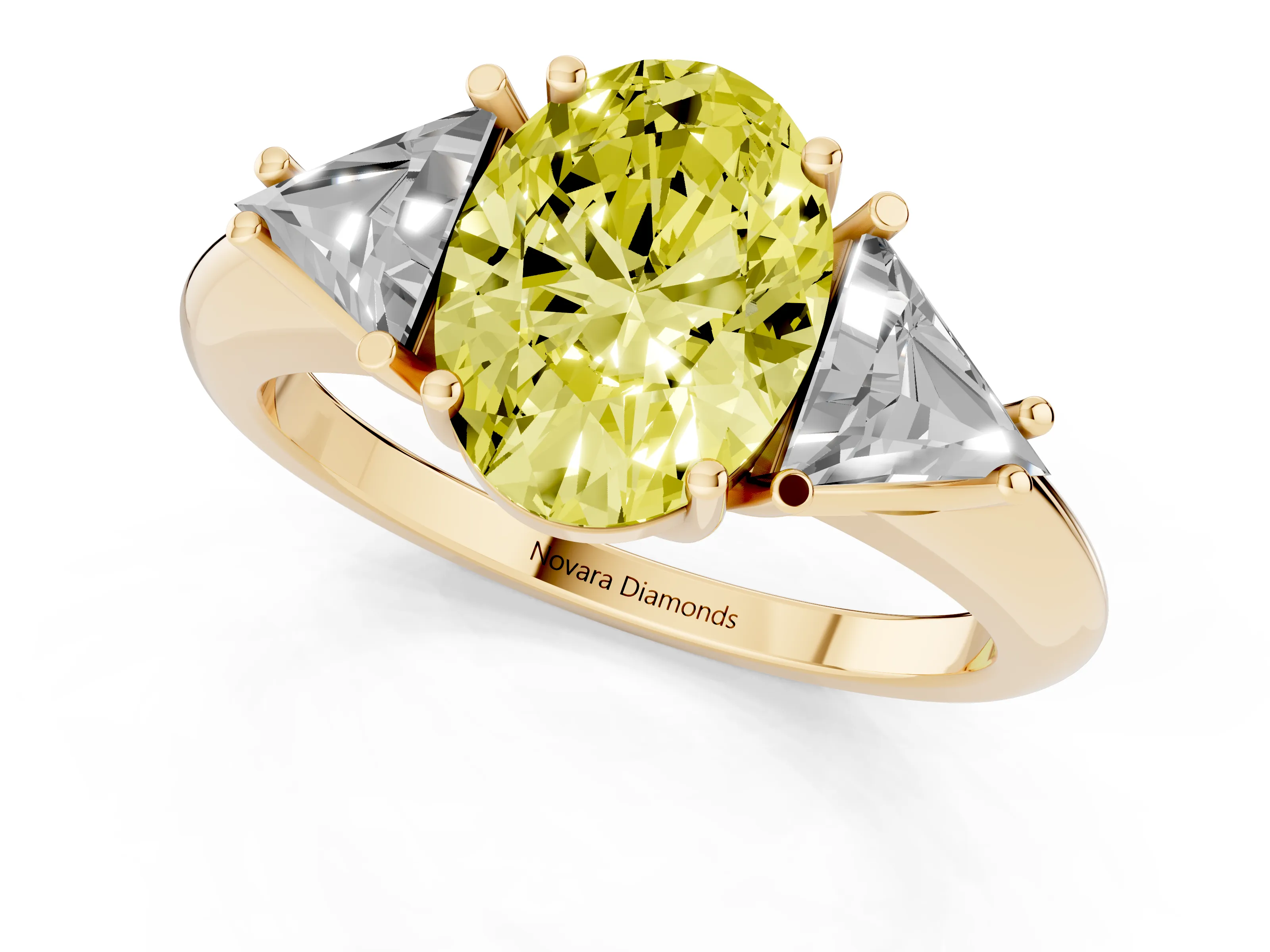 Fancy Yellow Oval Cut Diamond Three-Stone Engagement Ring Set in Yellow gold with Trillion Side Stones