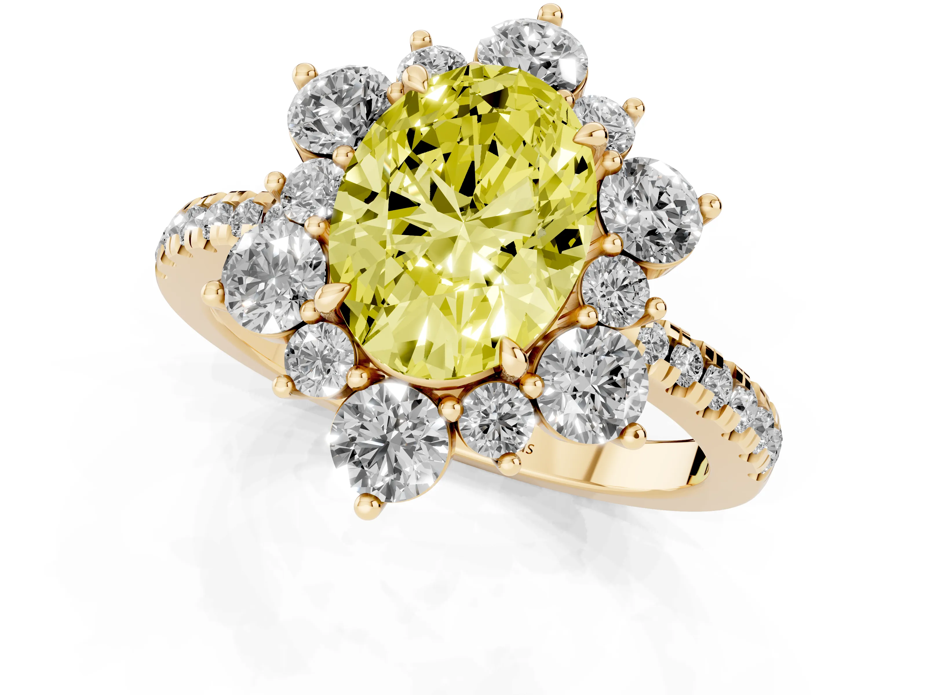 Fancy Yellow Oval Cut Diamond Floral Halo Ring Set in Yellow gold with Round Pavé Band and Prong Setting