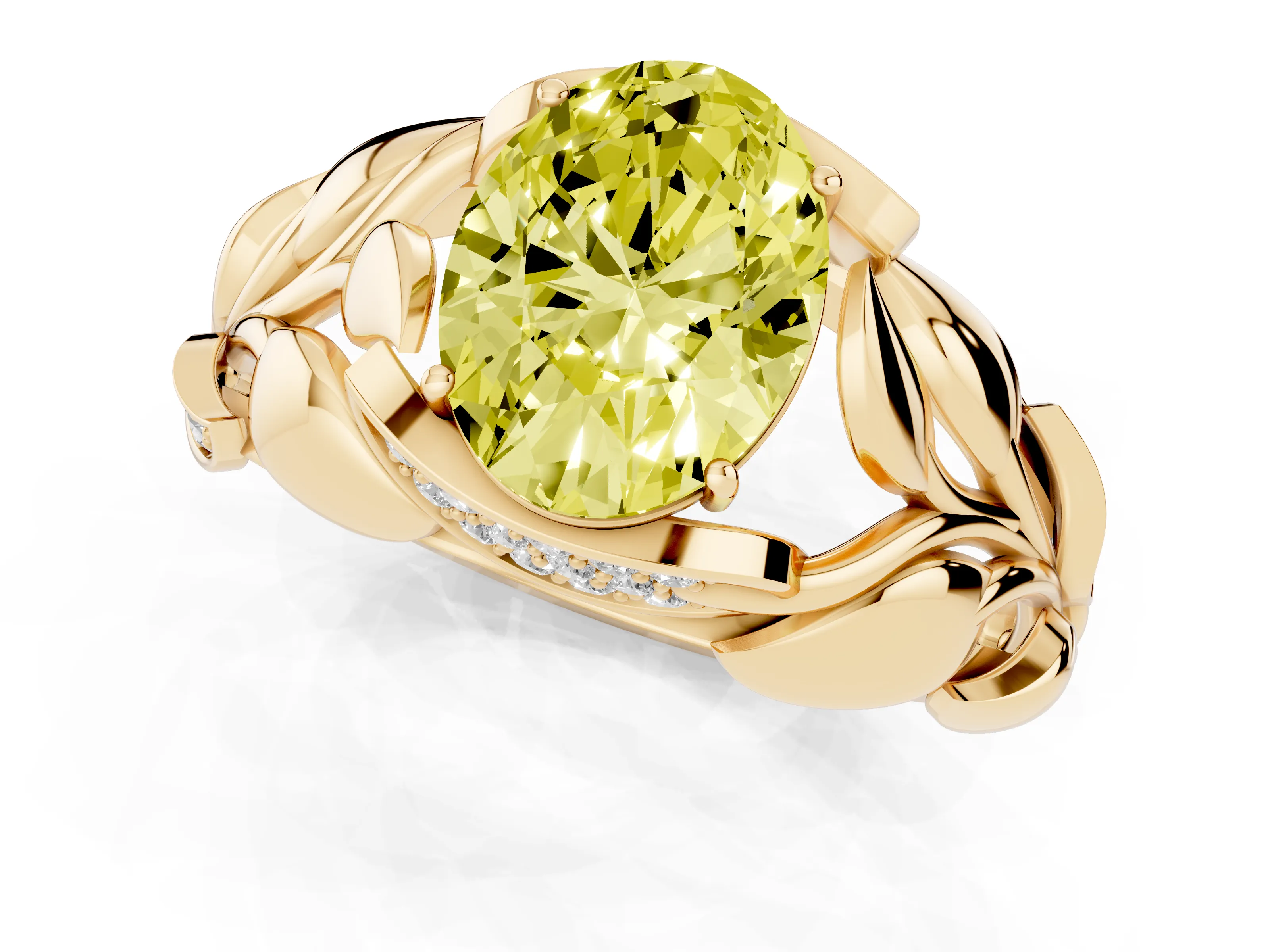 Fancy Yellow Oval Cut Diamond Leaf-Inspired Engagement Ring Set in Yellow gold with Round Accents