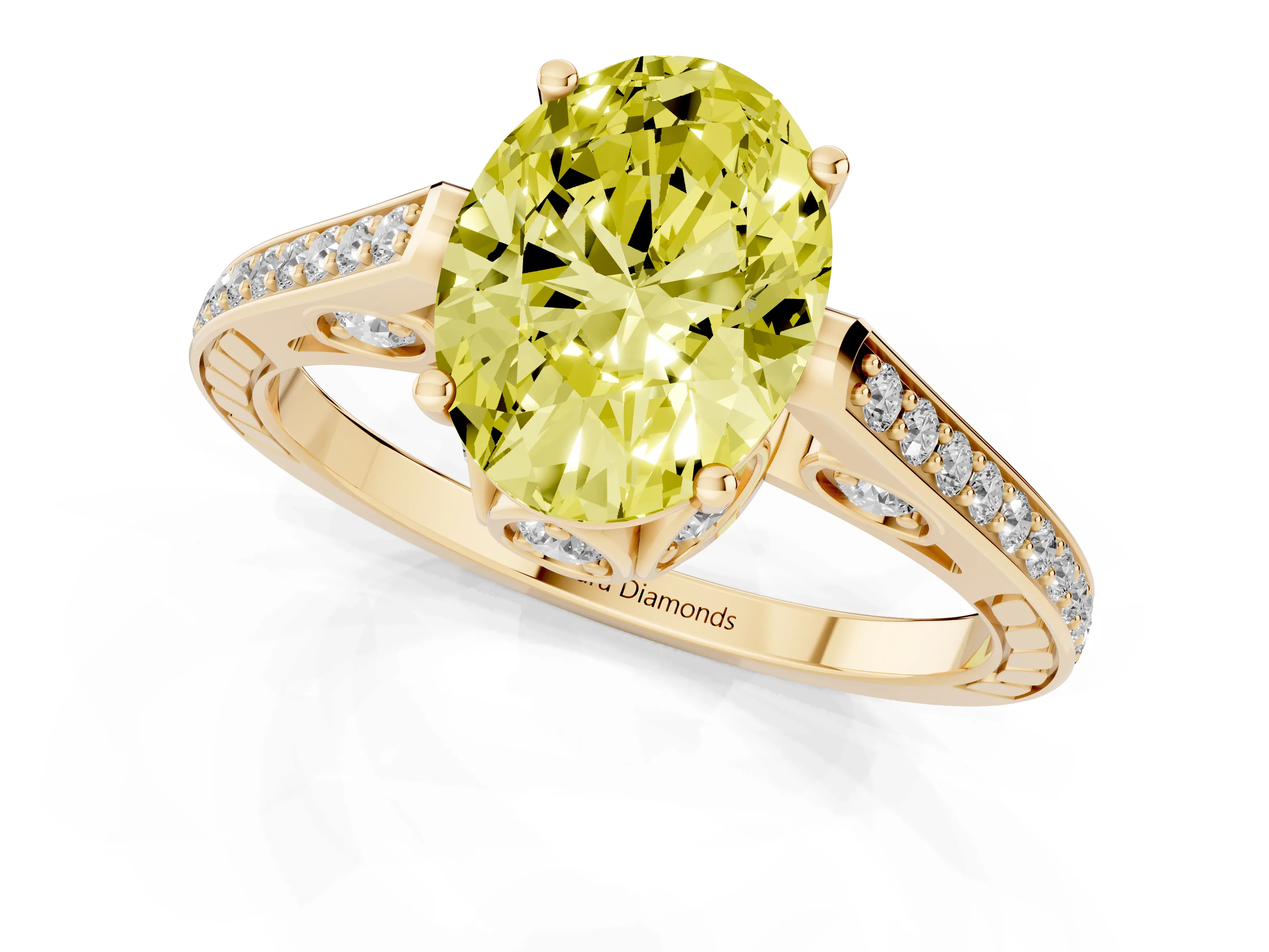 Fancy Yellow Oval Cut Diamond Cathedral Pavé Engagement Ring Set in Yellow gold with Prong Setting