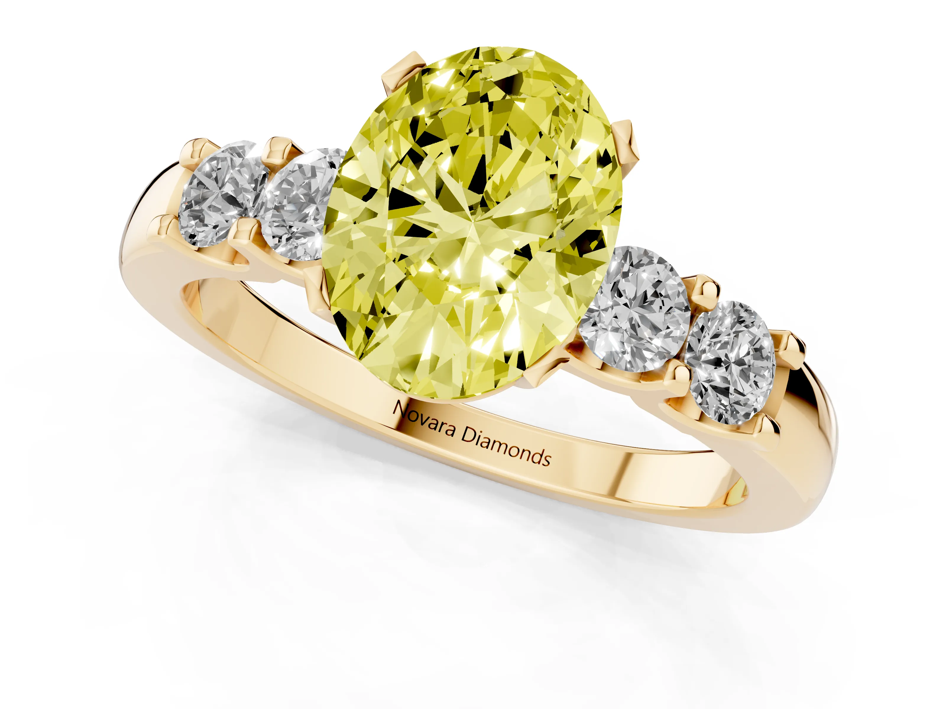 Fancy Yellow Oval Cut Diamond Five-Stone Prong Set Engagement Ring Set in Yellow gold with Channel Band