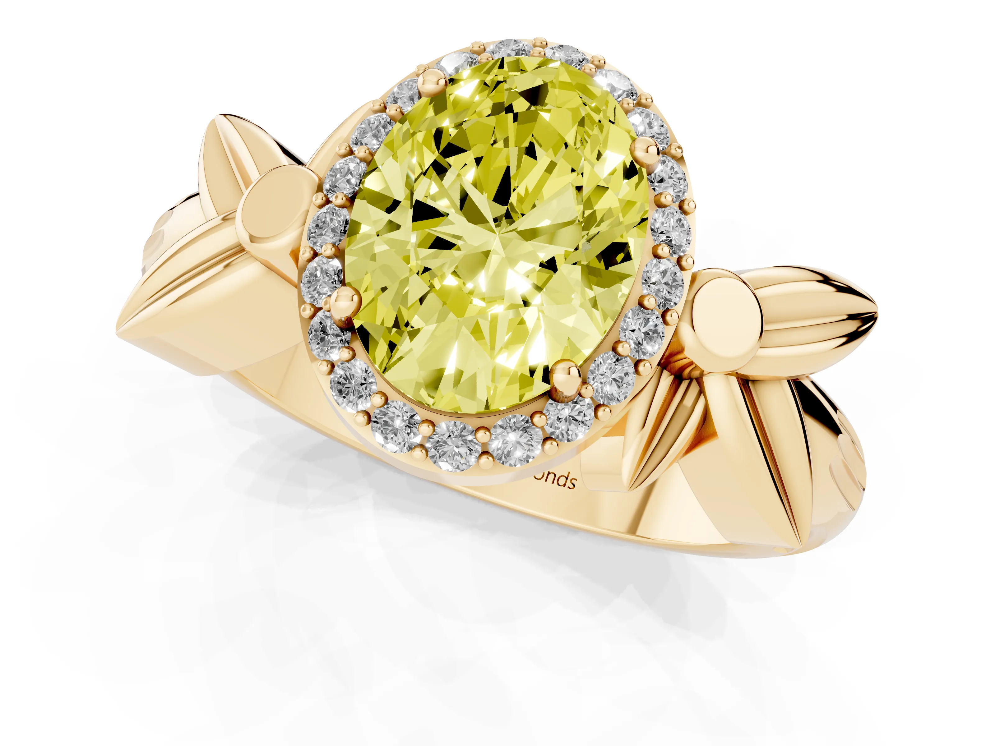 Fancy Yellow Oval Cut Diamond Halo Floral Band Ring Set in Yellow gold with Prong Setting