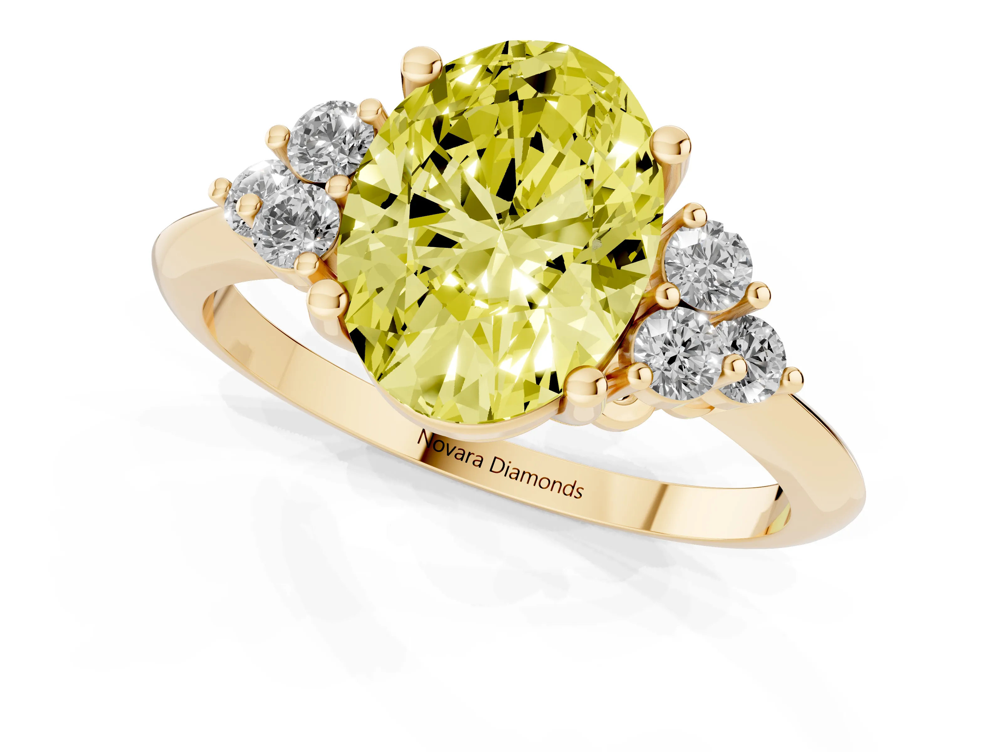 Fancy Yellow Oval Cut Diamond Cluster Ring Set in Yellow gold with Plain Band and Prong Setting