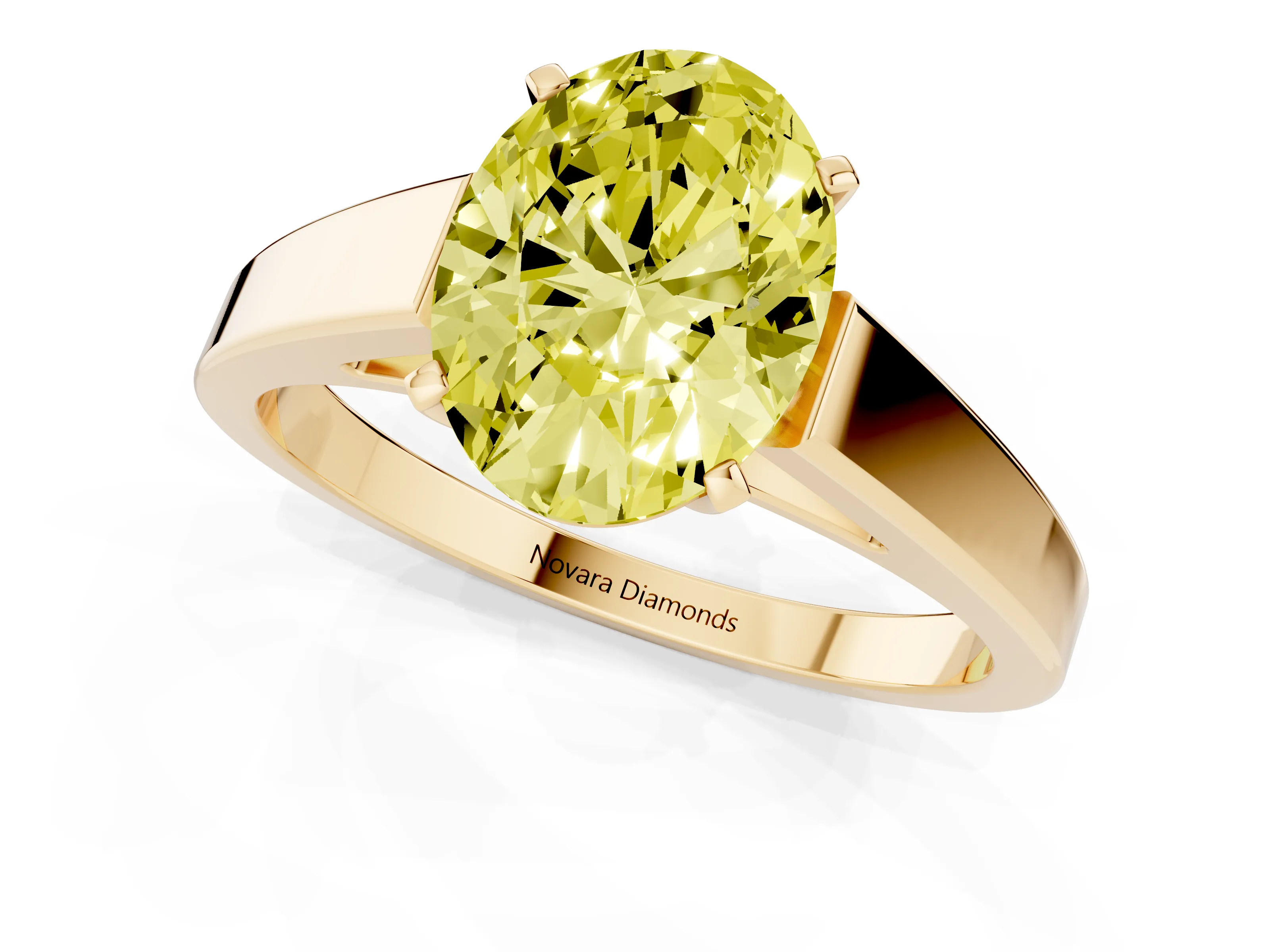 Fancy Yellow Oval Cut Diamond Solitaire Engagement Ring Set in Yellow gold with Prong Setting and Tapered Band