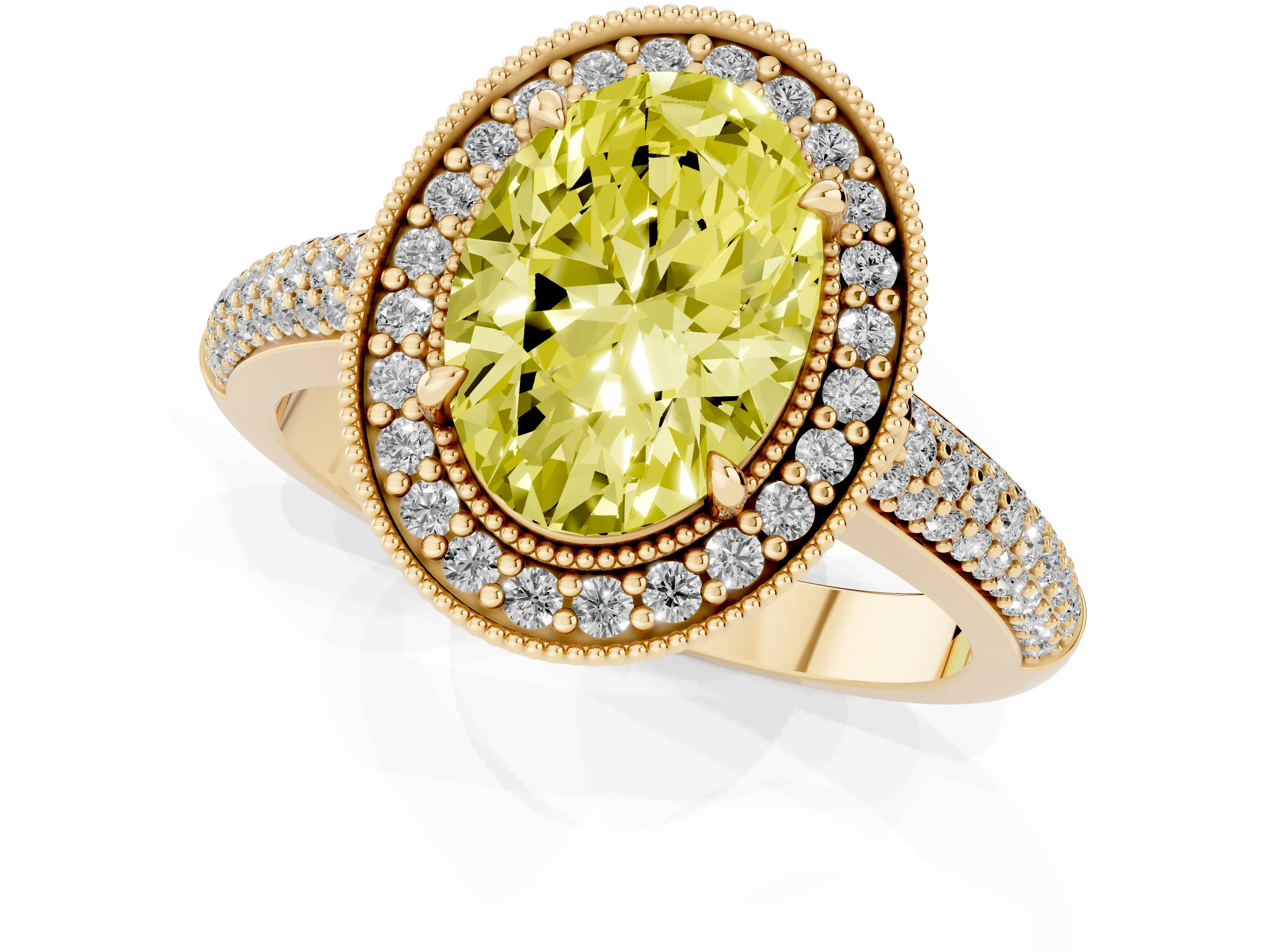Fancy Yellow Oval Cut Diamond Halo Pavé Band Set in Yellow gold with Prong Setting