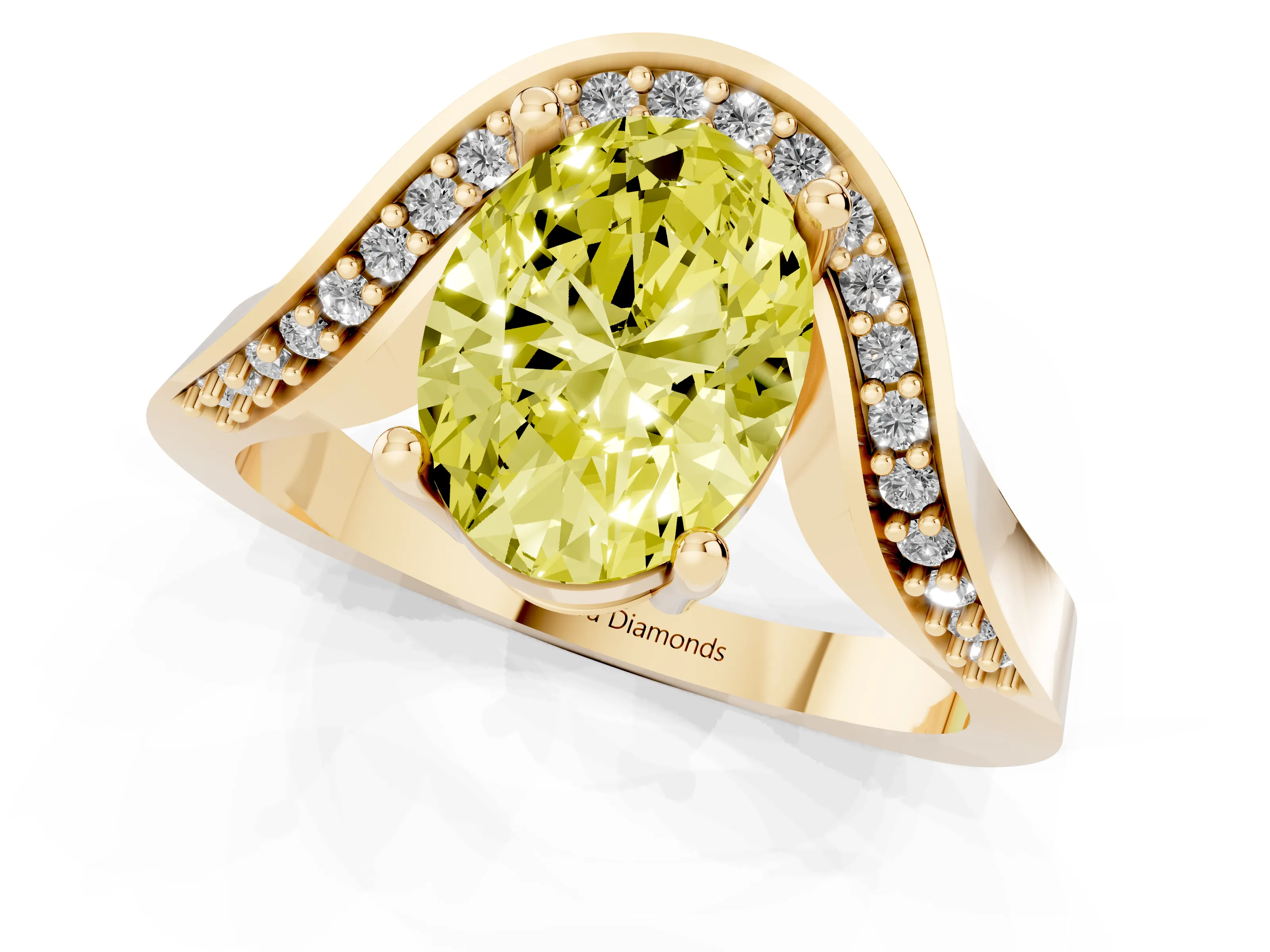 Fancy Yellow Oval Cut Diamond Solitaire Engagement Ring Set in Yellow gold with Pavé Shoulders