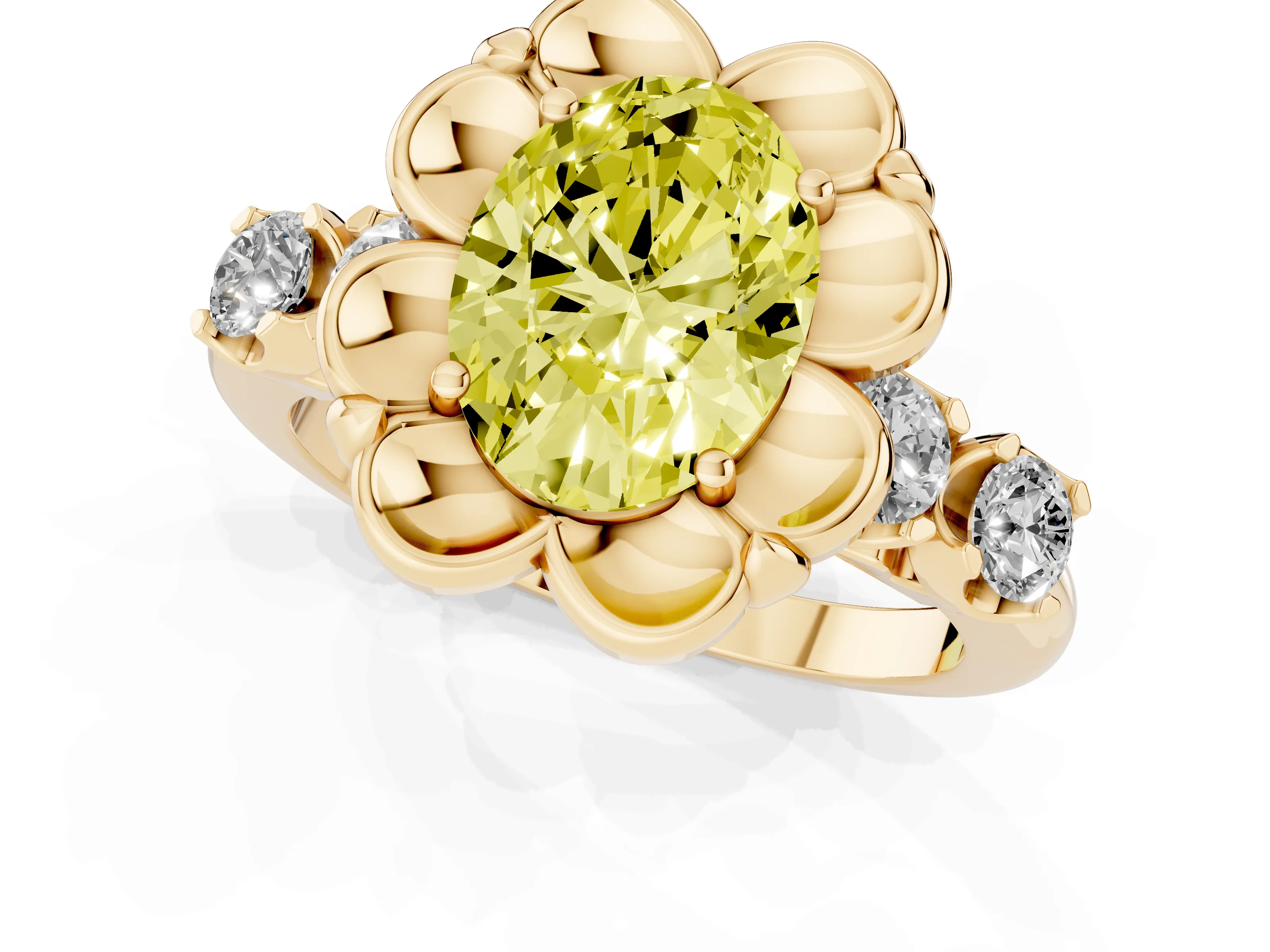 Fancy Yellow Oval Cut Diamond Floral Halo Ring Set in Yellow gold with Shared Prong Band