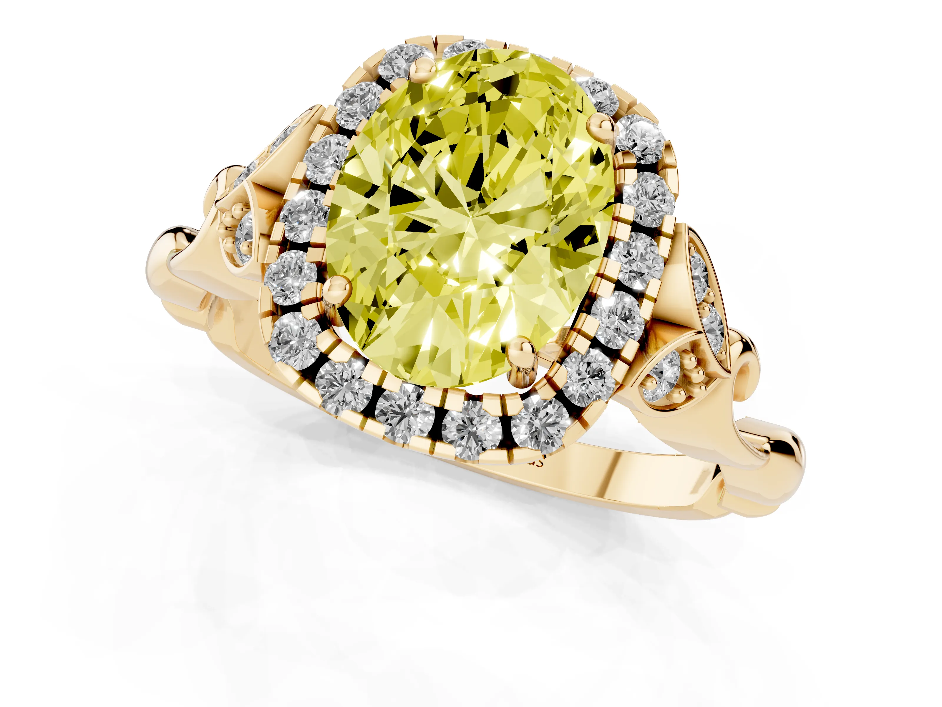 Fancy Yellow Oval Cut Diamond Halo Engagement Ring Set in Yellow gold with Vintage-Inspired Band and Prong Setting