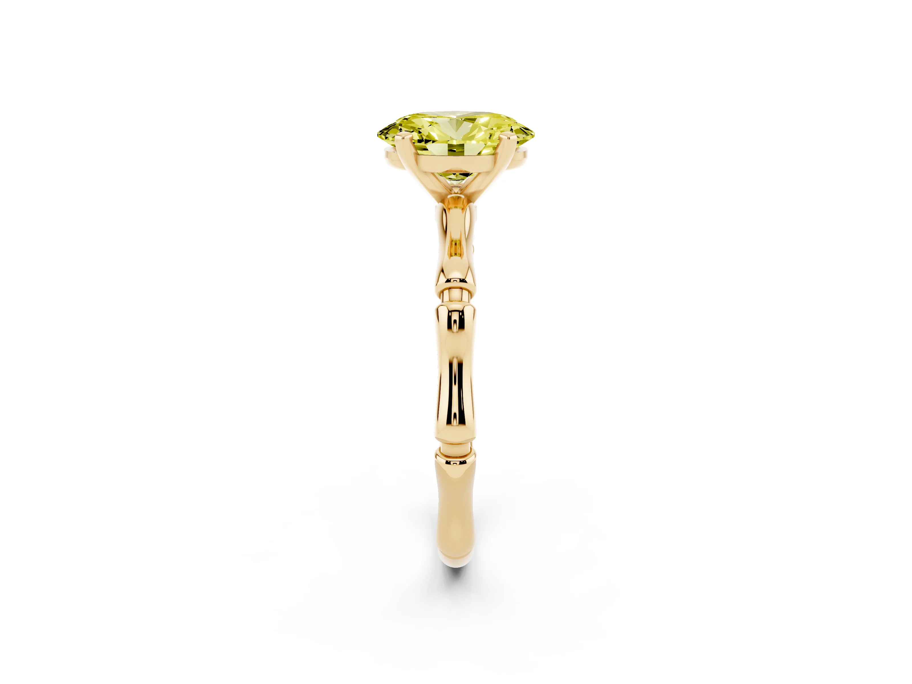 Fancy Yellow Oval Cut Diamond Solitaire Ring Set in Yellow gold with Bamboo Band and Prong Setting