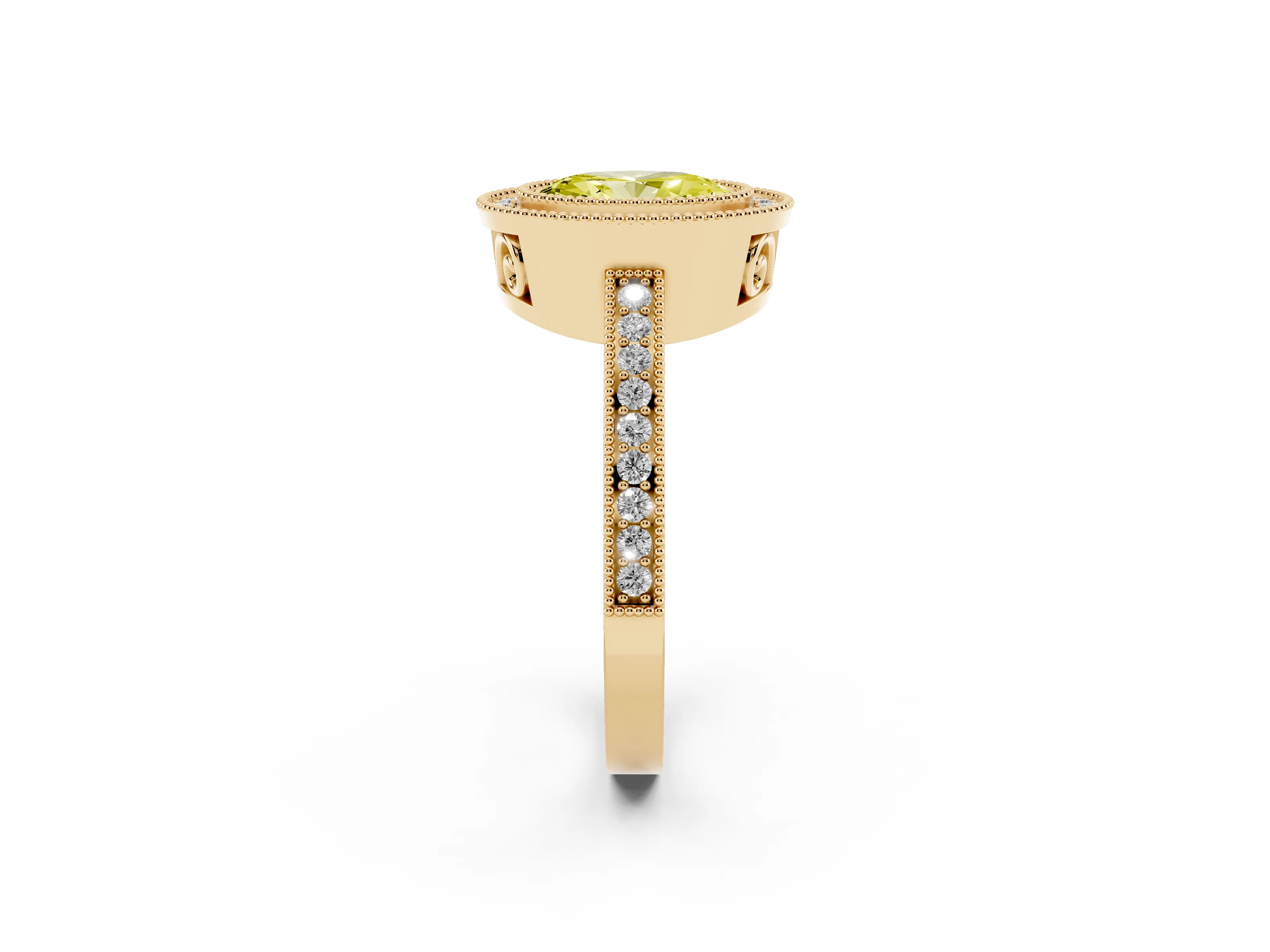Fancy Yellow Oval Cut Diamond Round Halo Ring Set in Yellow gold with Pavé Band