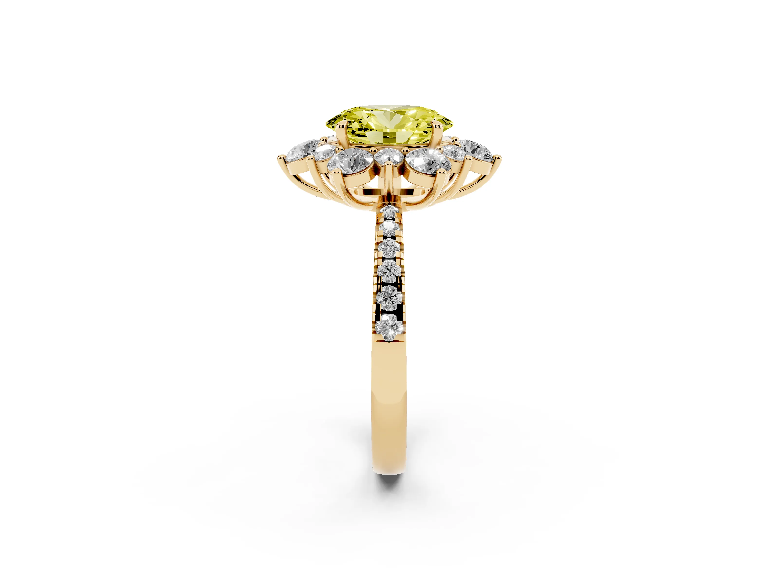Fancy Yellow Oval Cut Diamond Floral Halo Ring Set in Yellow gold with Round Pavé Band and Prong Setting