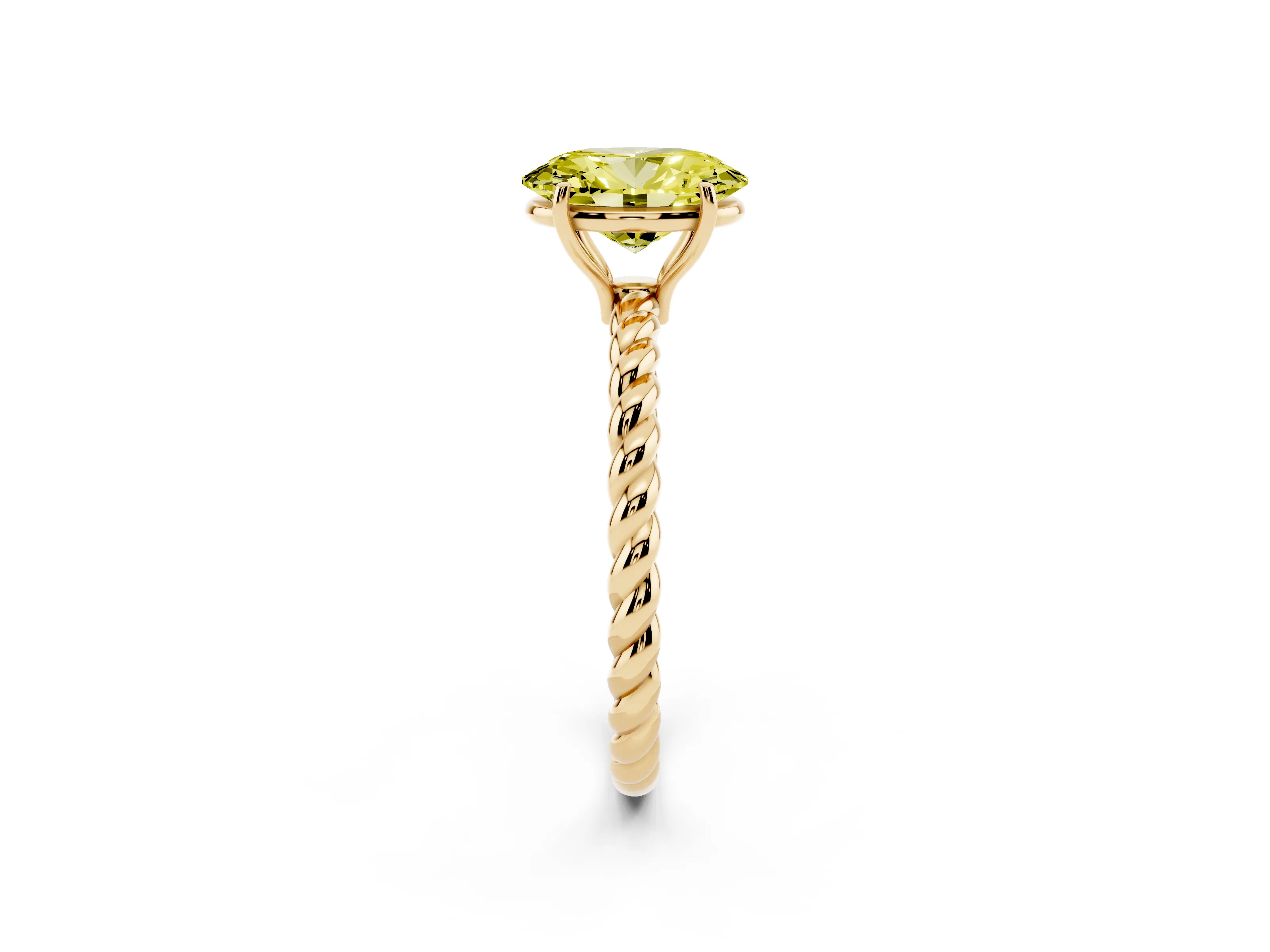 Fancy Yellow Oval Cut Diamond Solitaire Ring Set in Yellow gold with Twist Band and Prong Setting