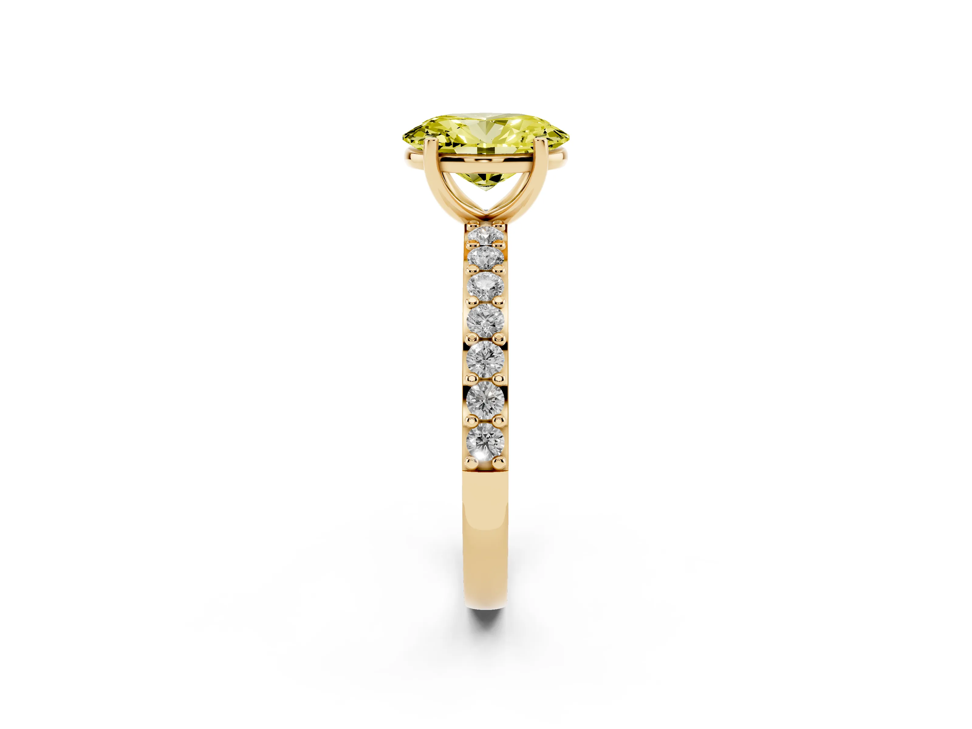 Fancy Yellow Oval Cut Diamond Solitaire Set in Yellow gold with Round Pavé Band and Prong Setting