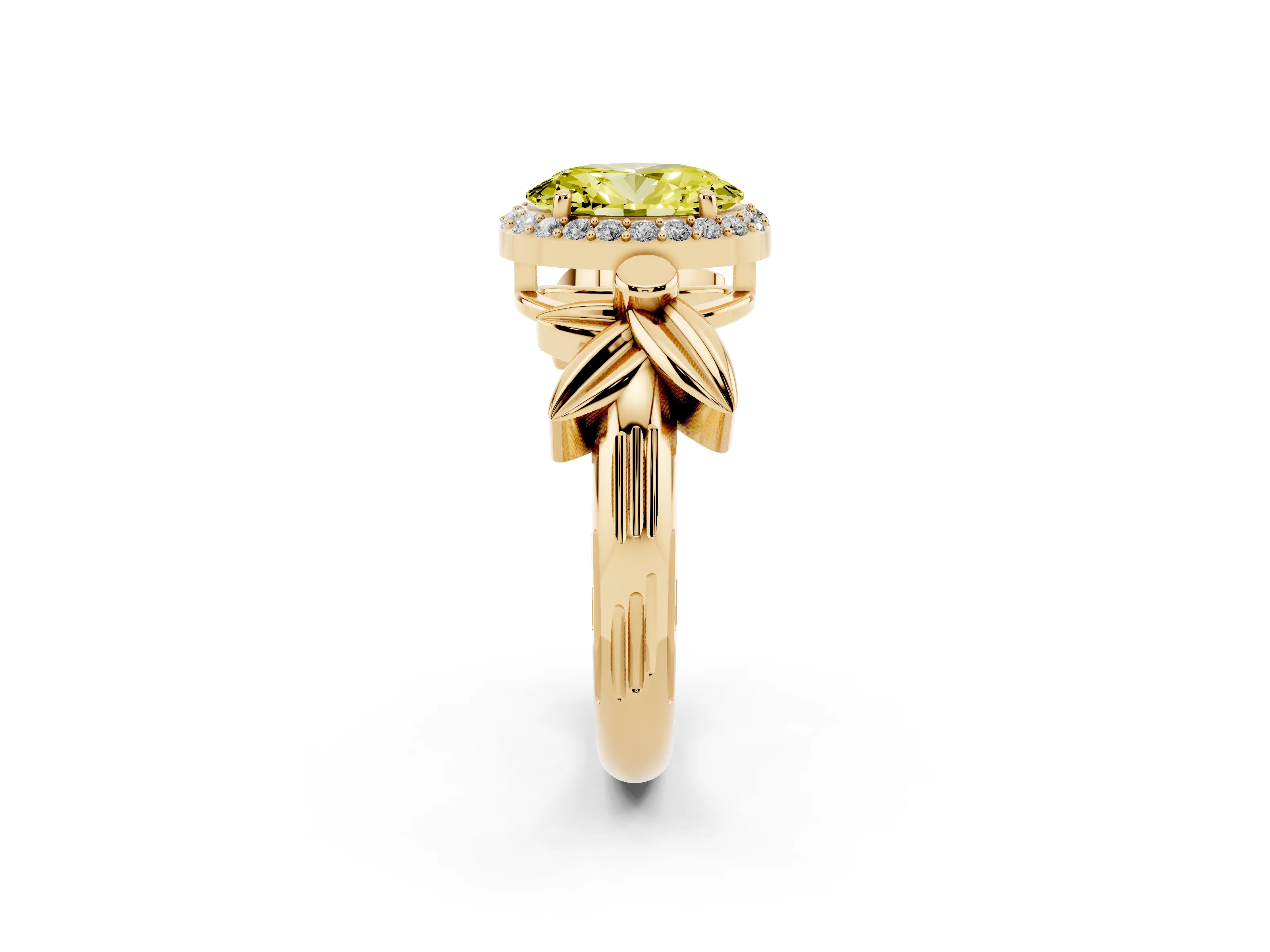 Fancy Yellow Oval Cut Diamond Halo Floral Band Ring Set in Yellow gold with Prong Setting