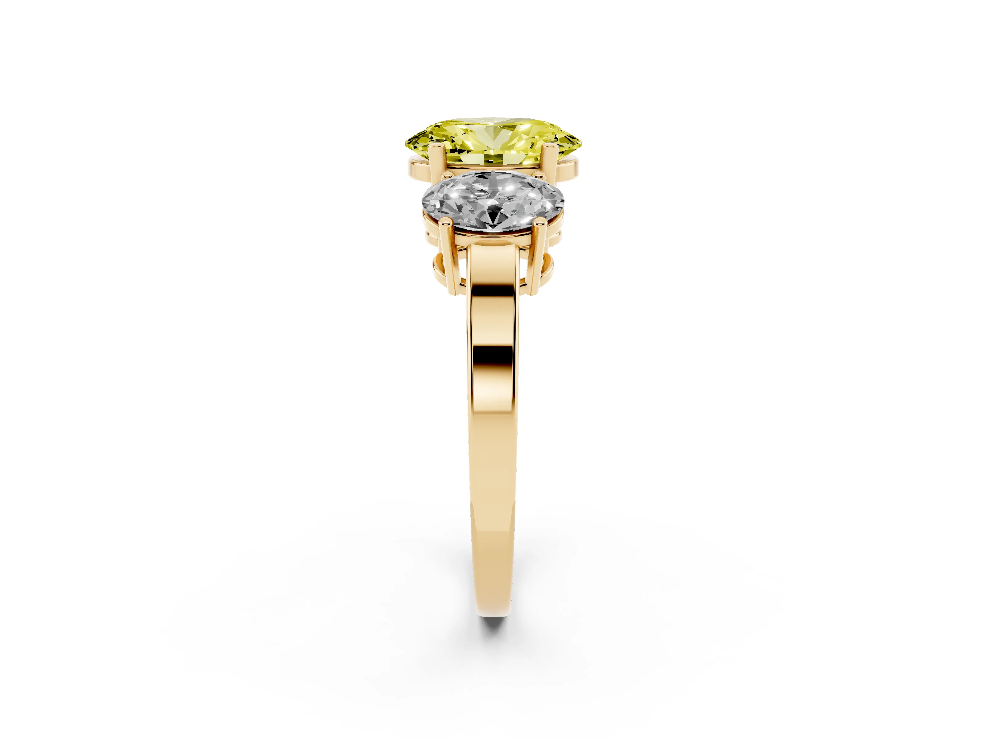 Fancy Yellow Oval Cut Diamond Three-Stone Engagement Ring Set in Yellow gold with Flat Band