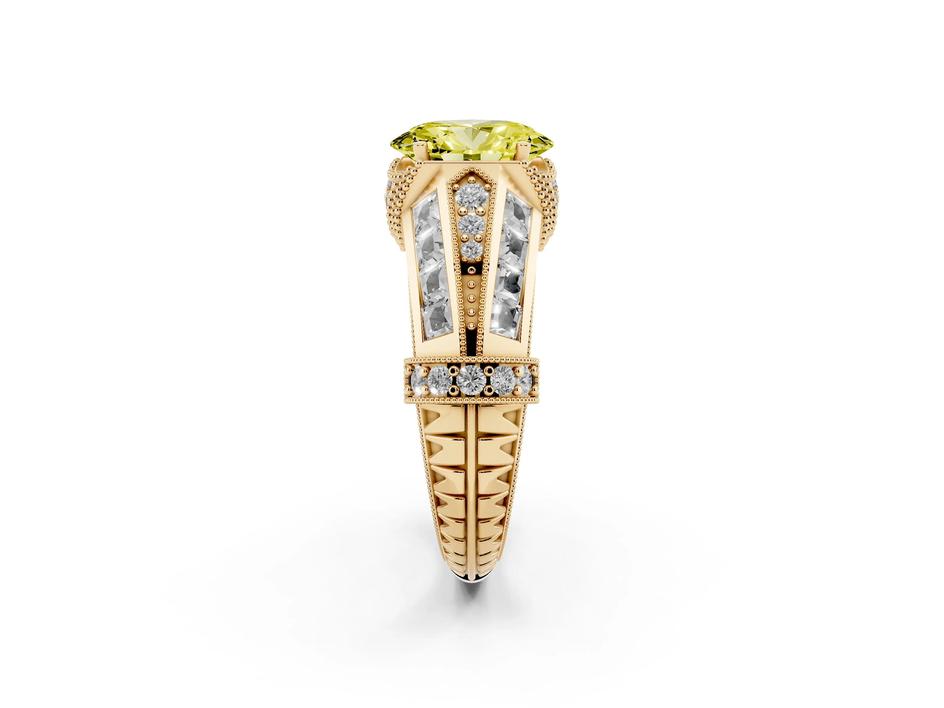 Fancy Yellow Oval Cut Diamond Vintage-Inspired Milgrain Ring Set in Yellow gold with Accent Split Shank