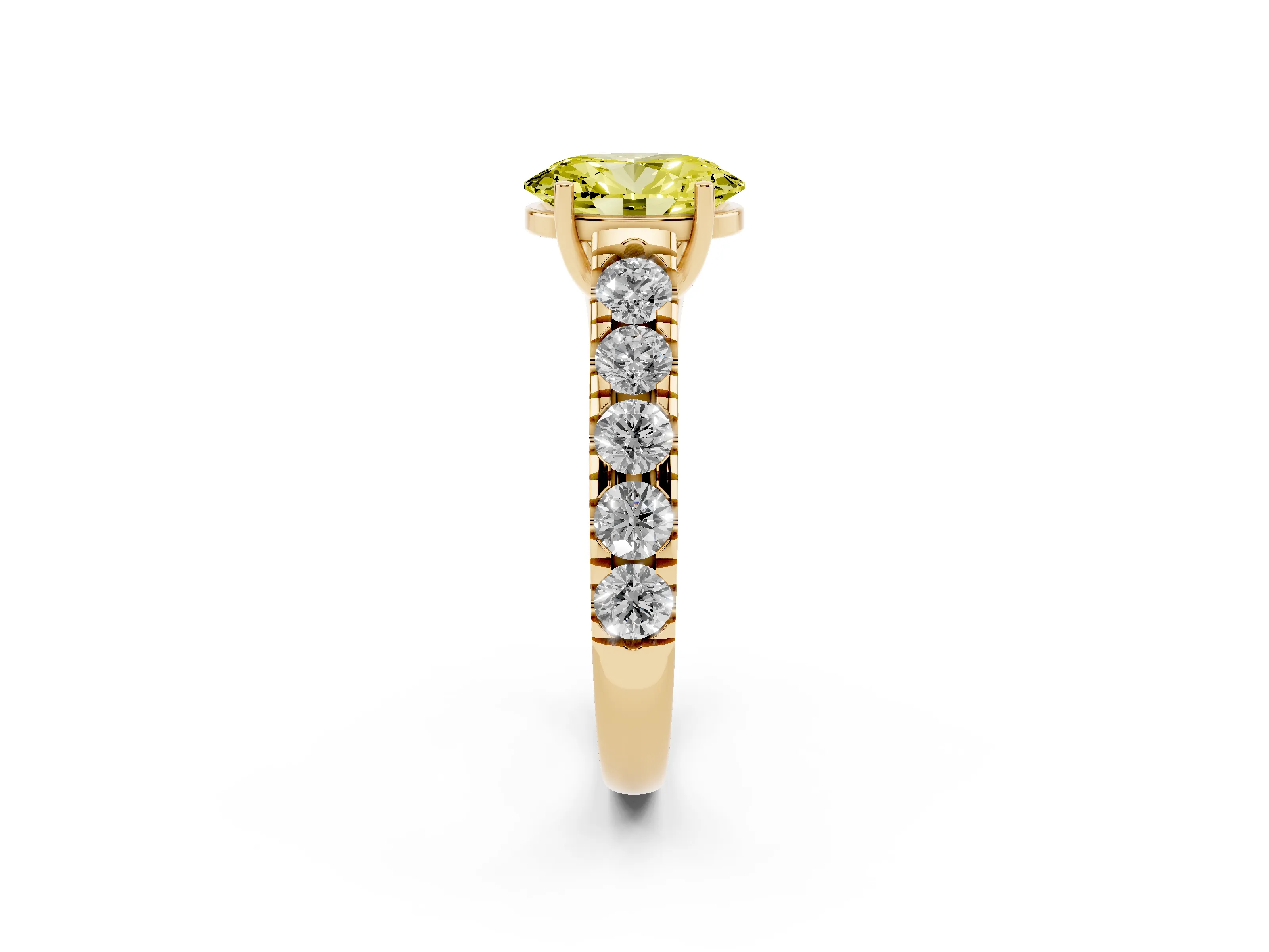 Fancy Yellow Oval Cut Diamond Solitaire Ring Set in Yellow gold with Cut-Down Micro Pavé Band and Prong Setting