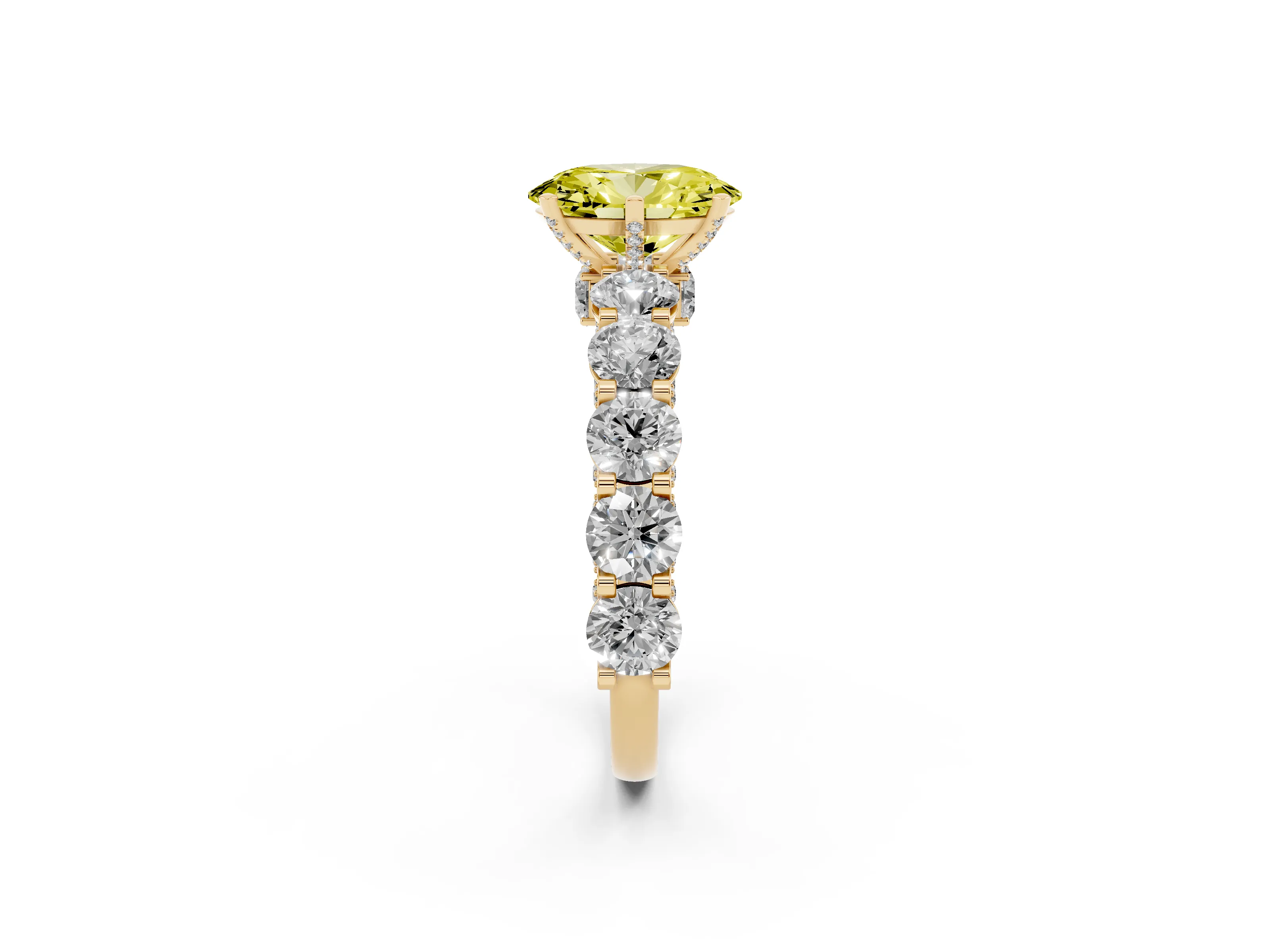 Fancy Yellow Oval Cut Diamond Side Stone Ring Set in Yellow gold with Alternating Round and Oval Side Stones