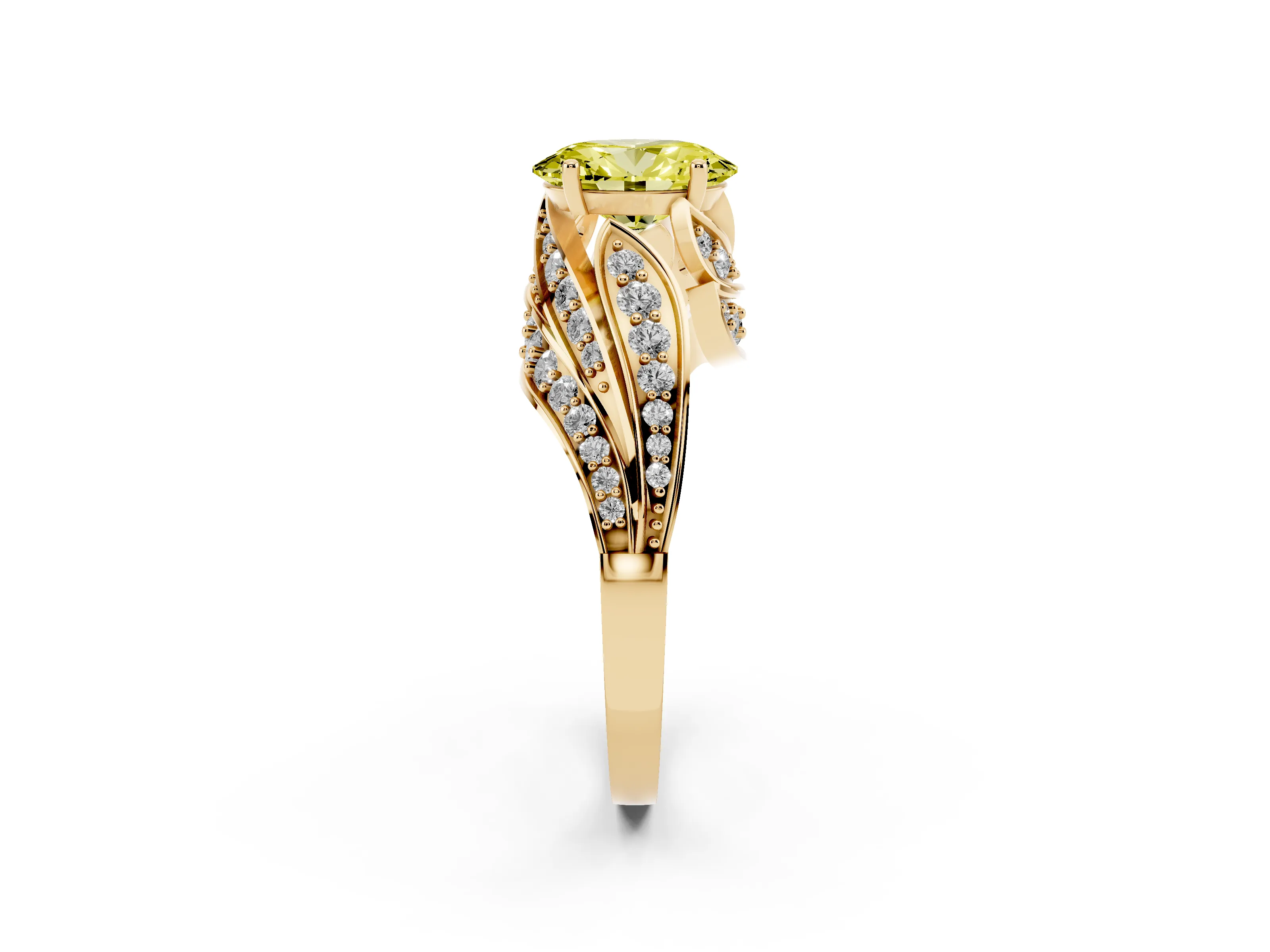 Fancy Yellow Oval Cut Diamond Solitaire Ring Set in Yellow gold with Layered Twist Pavé Band