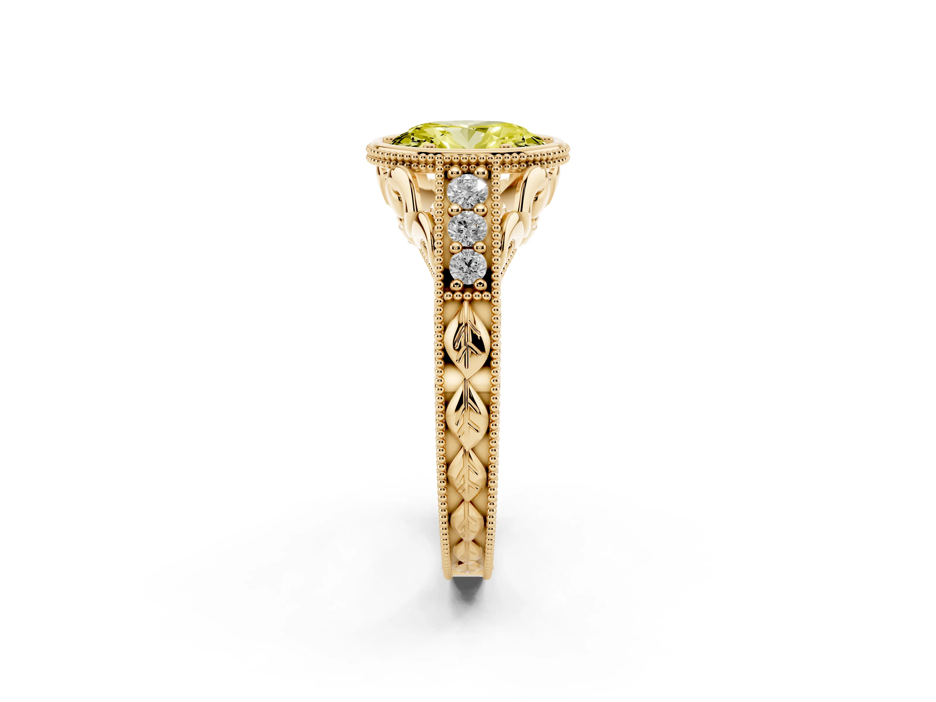 Fancy Yellow Bezel Set Oval Cut Diamond Milgrain Pavé Engagement Ring Set in Yellow gold