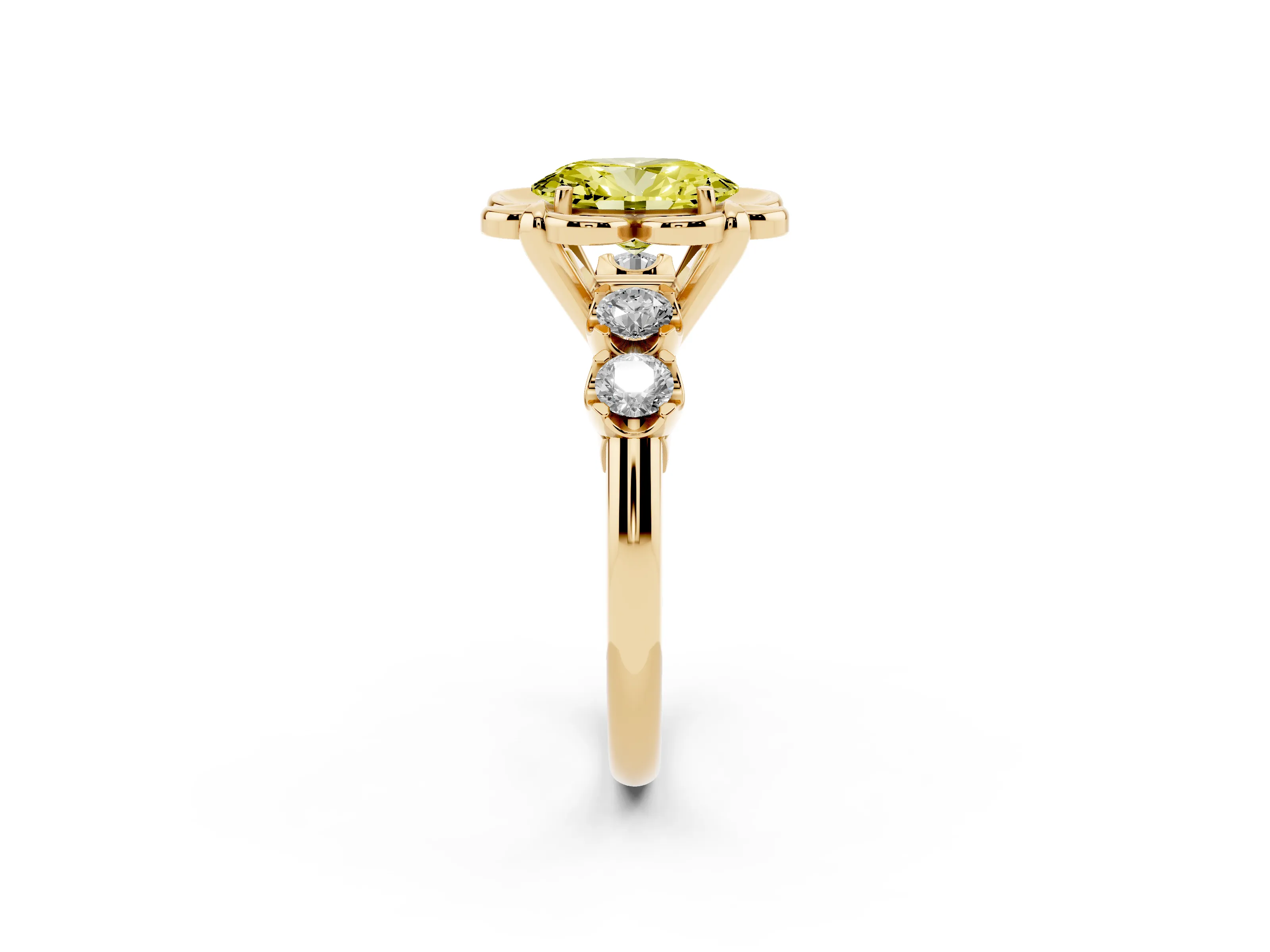 Fancy Yellow Oval Cut Diamond Floral Halo Ring Set in Yellow gold with Shared Prong Band